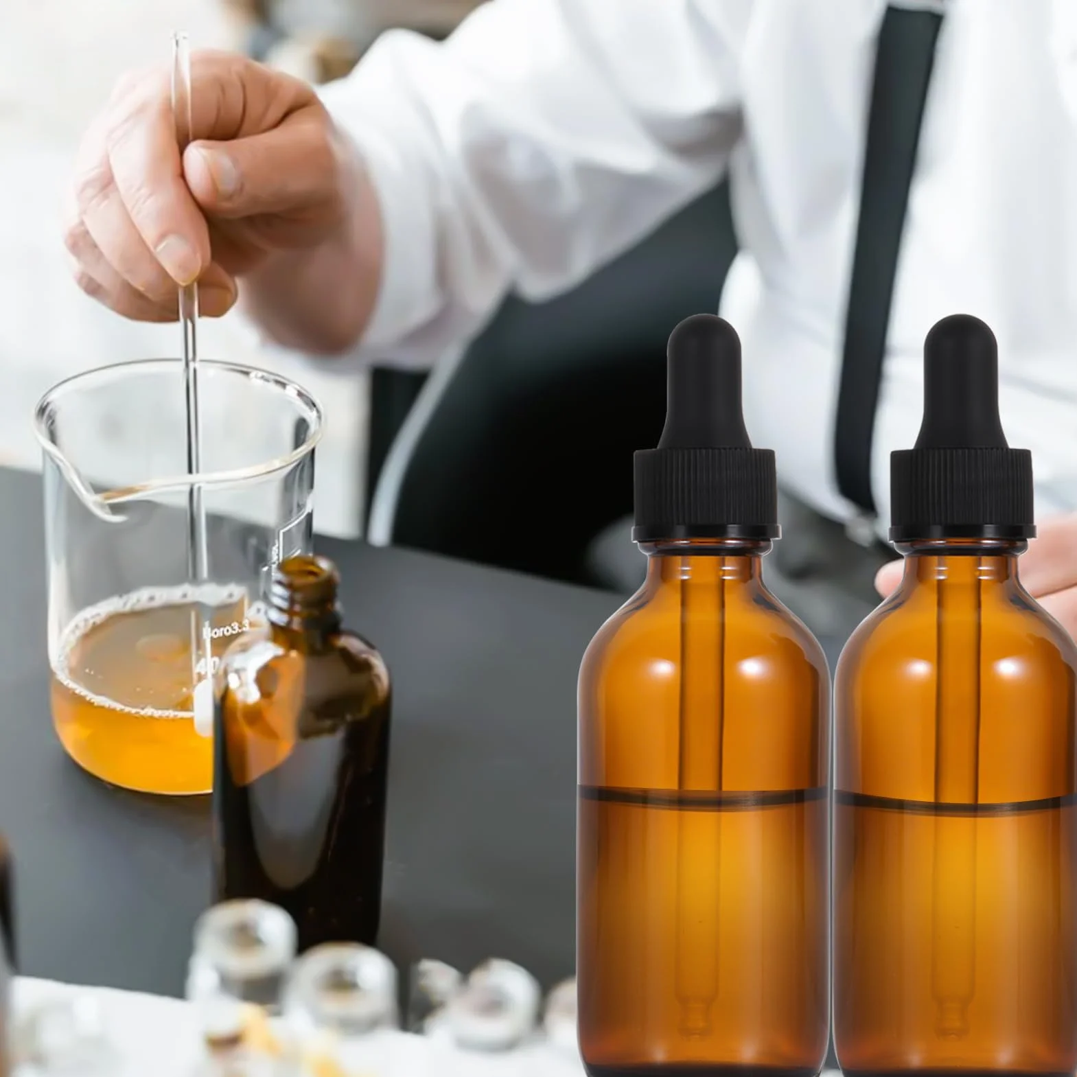 Bursztynowe szklane butelki 60 ml z pipetą i lejkiem ze stali nierdzewnej do olejków eterycznych