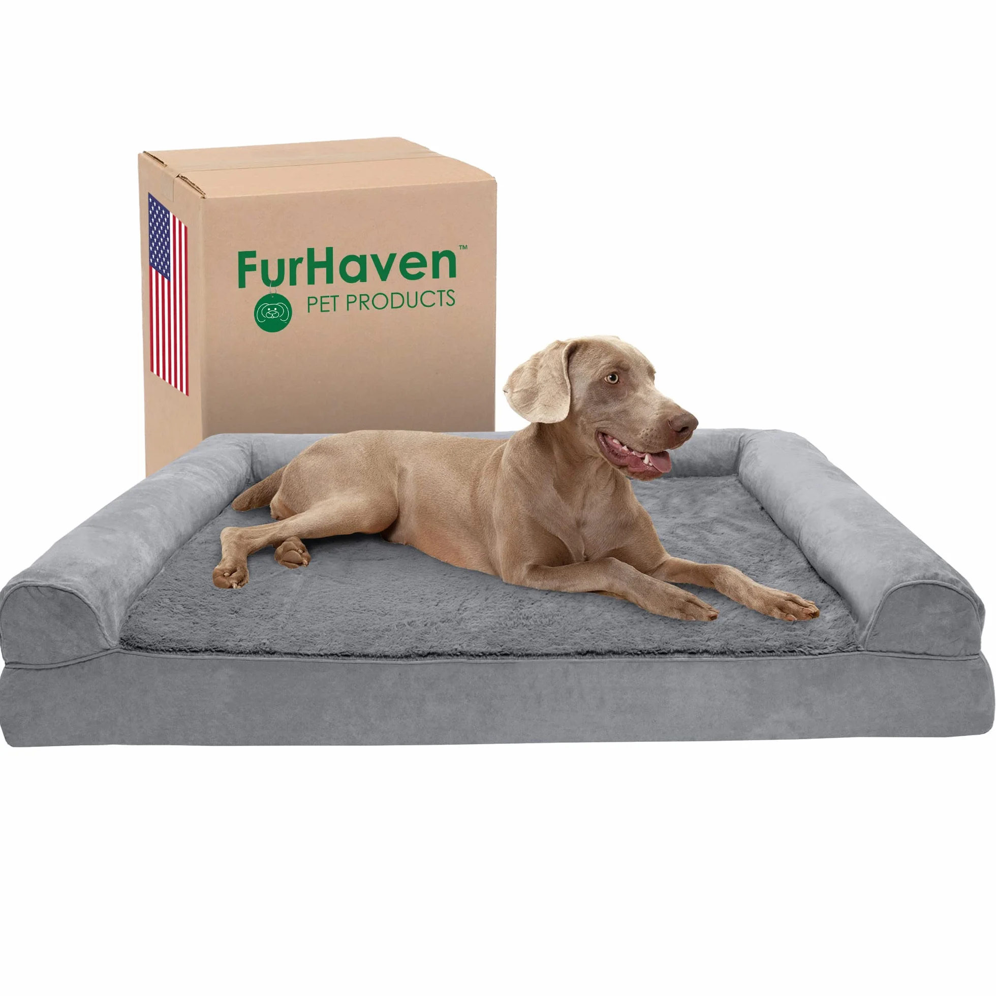 Furhaven Legowisko z żelem chłodzącym dla dużych psów ze zdejmowanymi podkładkami i nadającym się do prania pokrowcem, dla psów do 57 kg, pluszowa i zamszowa sofa, szara, rozmiar Jumbo Plus/XXL