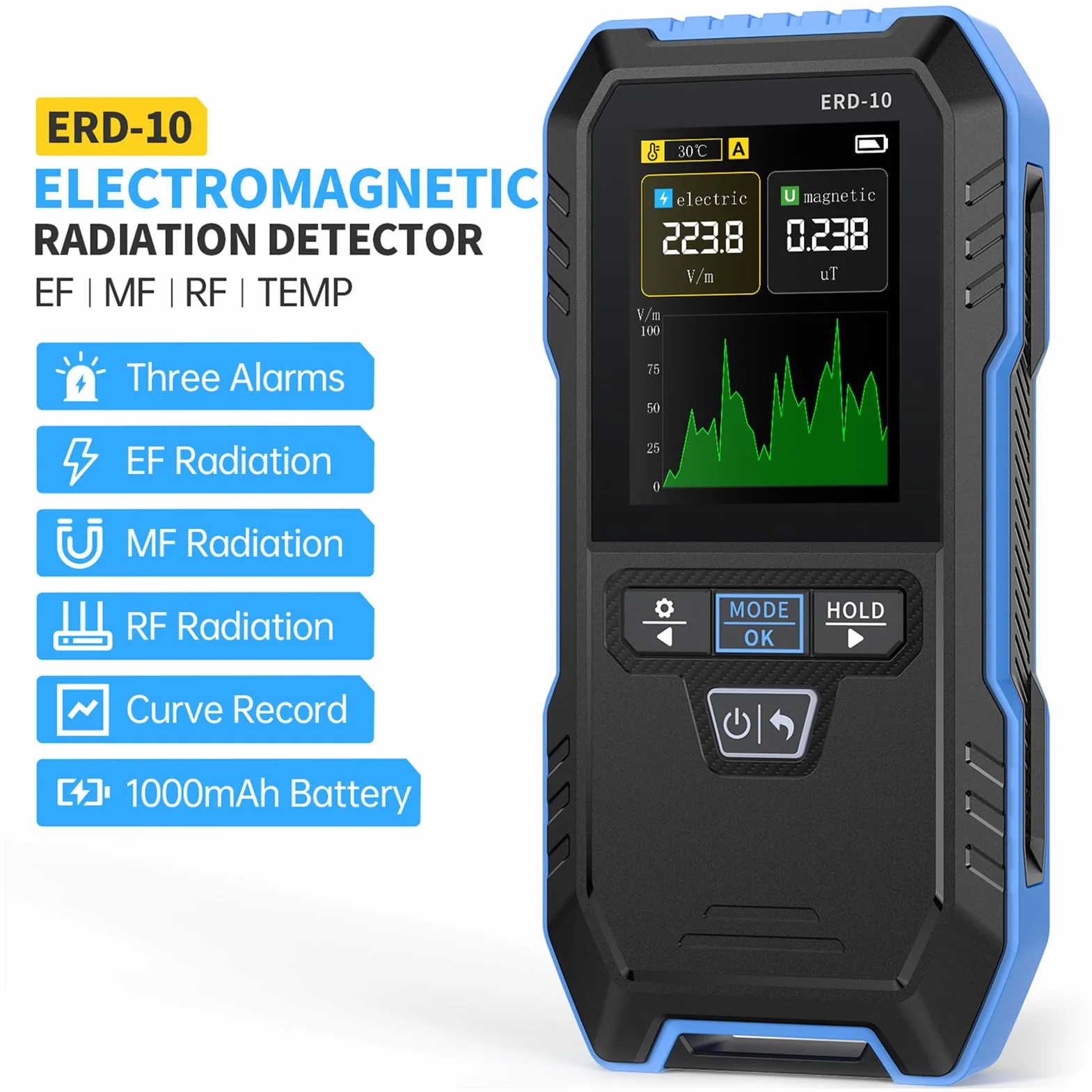 EMF miernik smogu elektromagnetycznego 3 w 1, miernik promieniowania EF MF RF, automatyczny alarm w przypadku przekroczenia normy, kolorowy ekran TFT do domu, biura i pokoju dziecięcego.