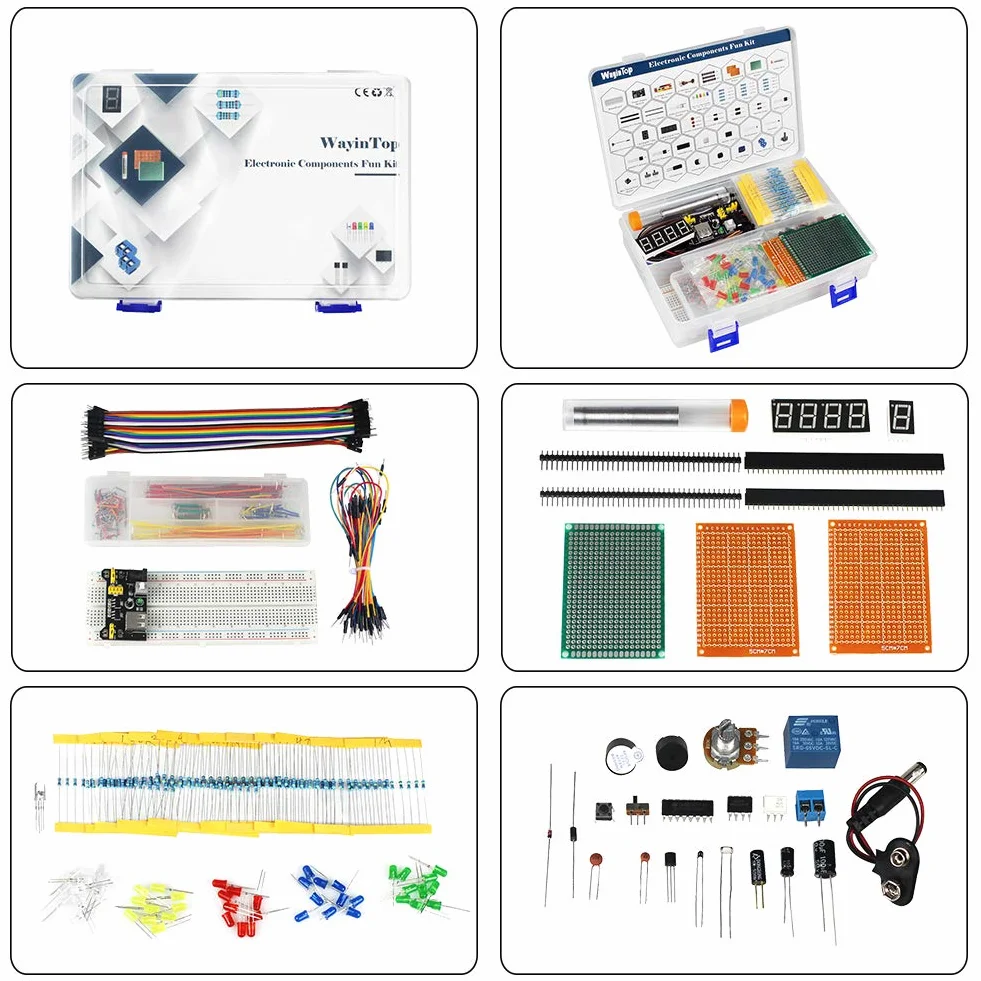 Zestaw komponentów elektronicznych z e-bookiem, przewodami połączeniowymi, LED i rezystorami do lutowania PCB