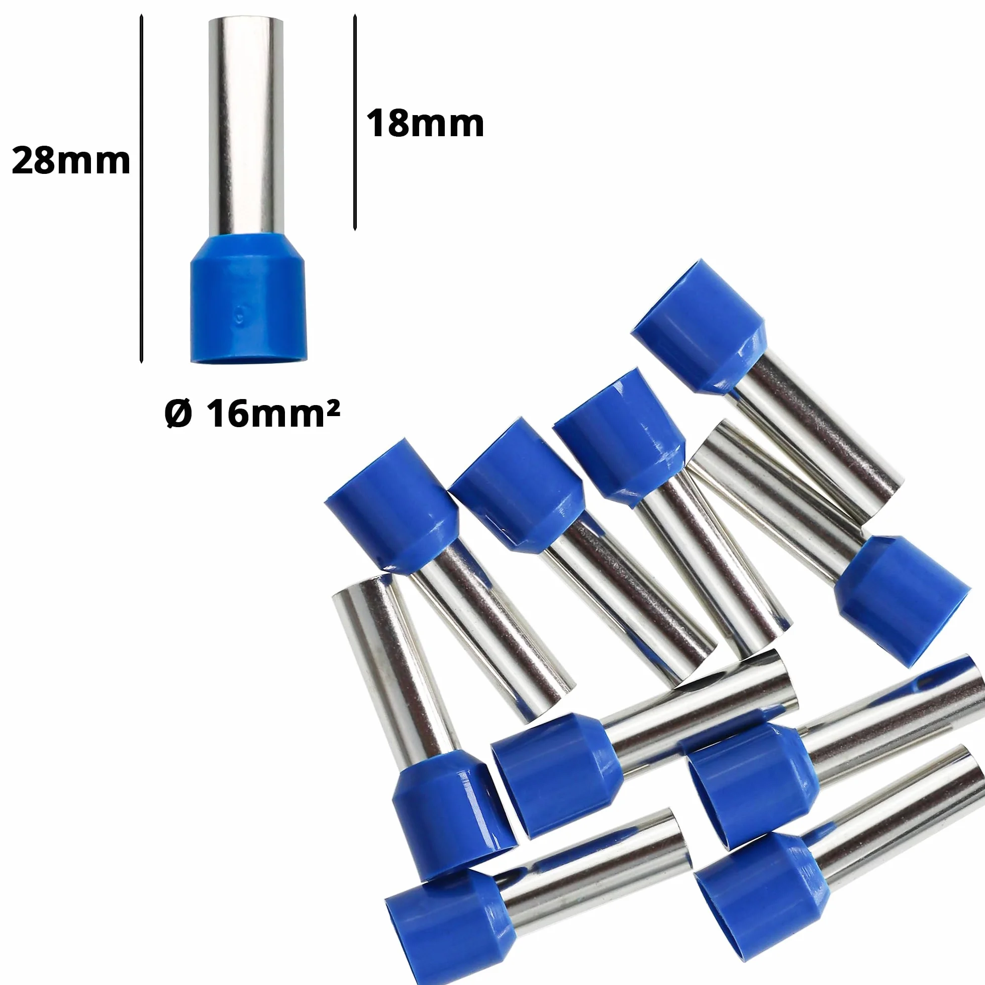 Tuleje kablowe 16 mm² niebieskie izolowane długość tulejki 18 mm długość całkowita 28 mm 10 sztuk do przewodów cienkożyłowych i cienkożyłowych