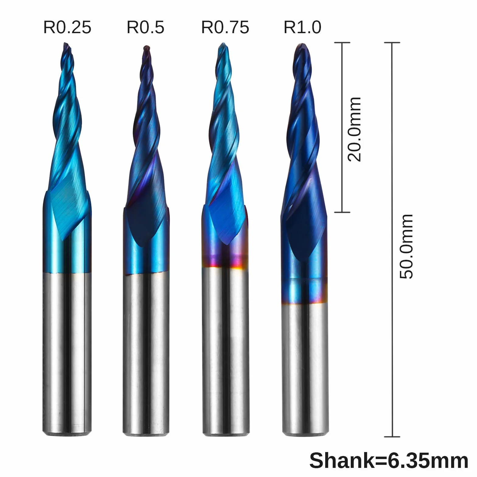 Genmitsu Frez spiralny z noskiem kulowym, 4 szt., 2-punktowy, z nano-niebieską powłoką z węglika wolframu, wiertła do frezowania CNC do grawerowania 2D i 3D, R0.25-1.0, chwyt 1/4", TB04B
