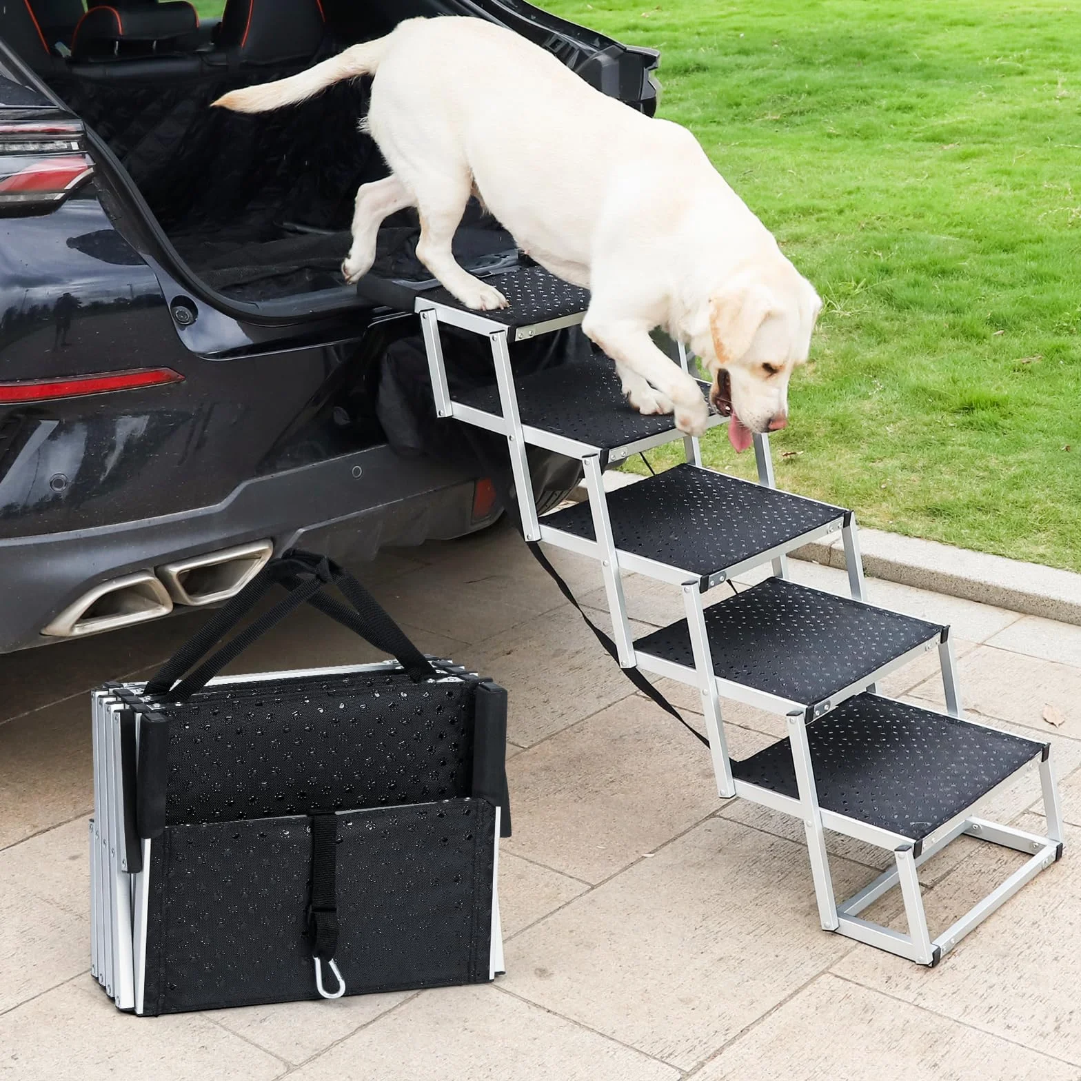 Uross Schody dla psa do samochodu, 5 stopni – składane schody dla psa, rampa do samochodu i SUV, aluminiowe schody dla dużych psów, teleskopowe schody dla psów do ciężarówki, łóżka piętrowego