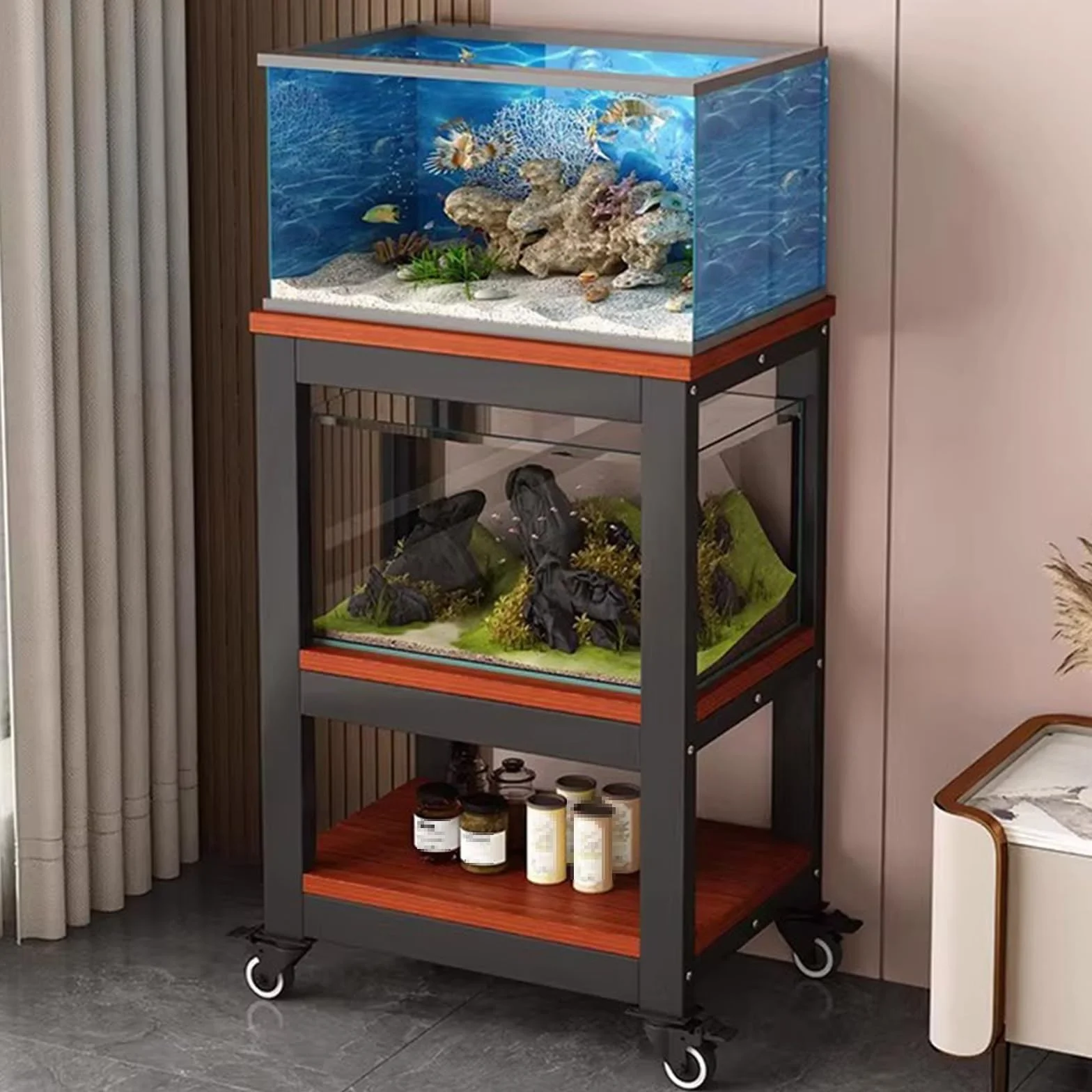 Ruchomy stojak do akwarium z kółkami, stojak na akwarium z półkami do przechowywania, ekspozycja terrarium, do salonu, sypialni, biura, czarno-brązowy, 81 x 35 x 103 cm