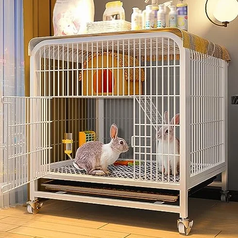 Klatka dla królików Indoor dla 2 królików, kojce małych zwierząt fretek, szynszyli, kociąt, z dachem, idealne siedlisko wewnętrzne, 60x45x66cm(White)
