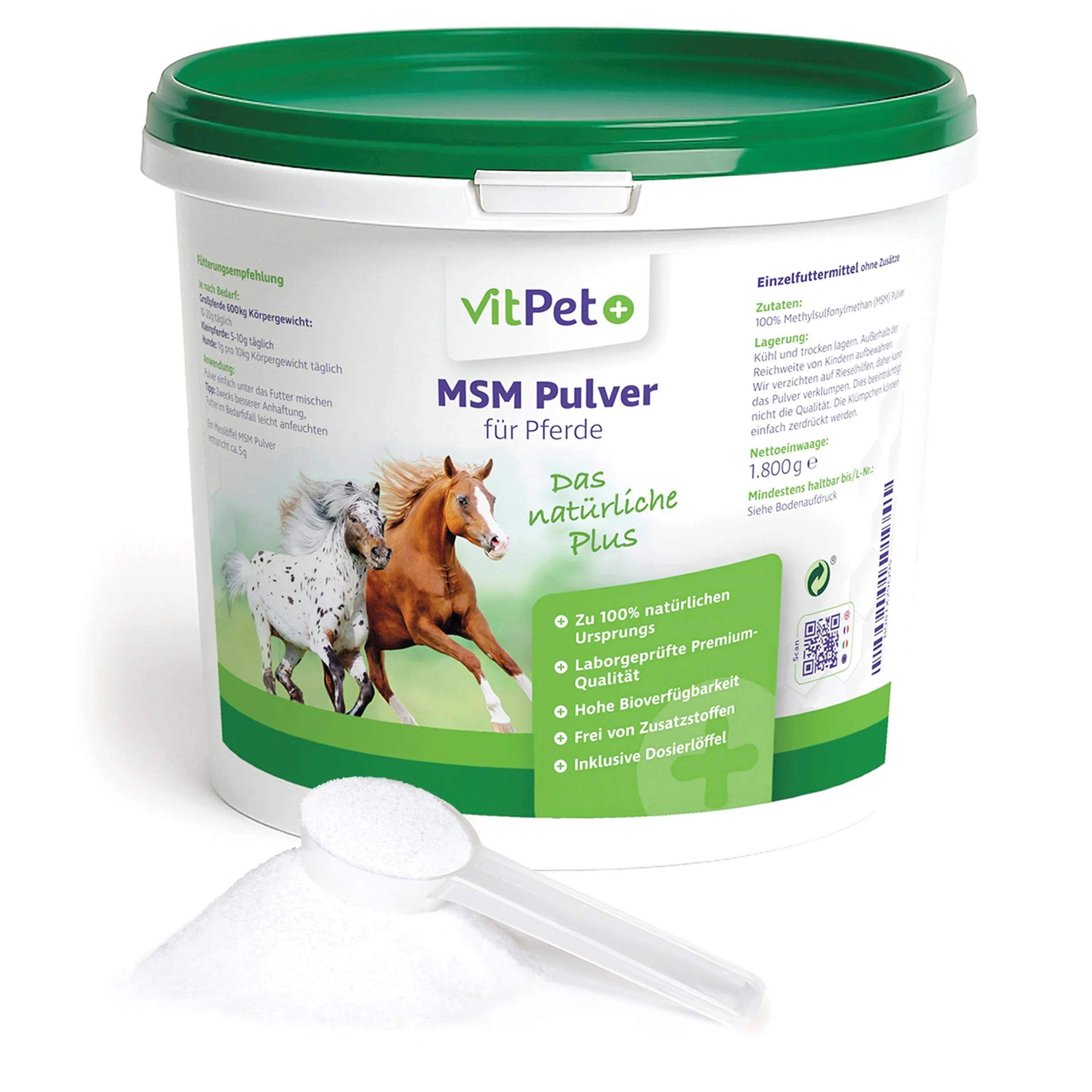 MSM Pferd - Premium MSM Pulver für Pferde im 1,8 kg Eimer inkl. Dosierlöffel (Methylsulfonylmethan- / Schwefel-Pulver für Pferde und Hunde)