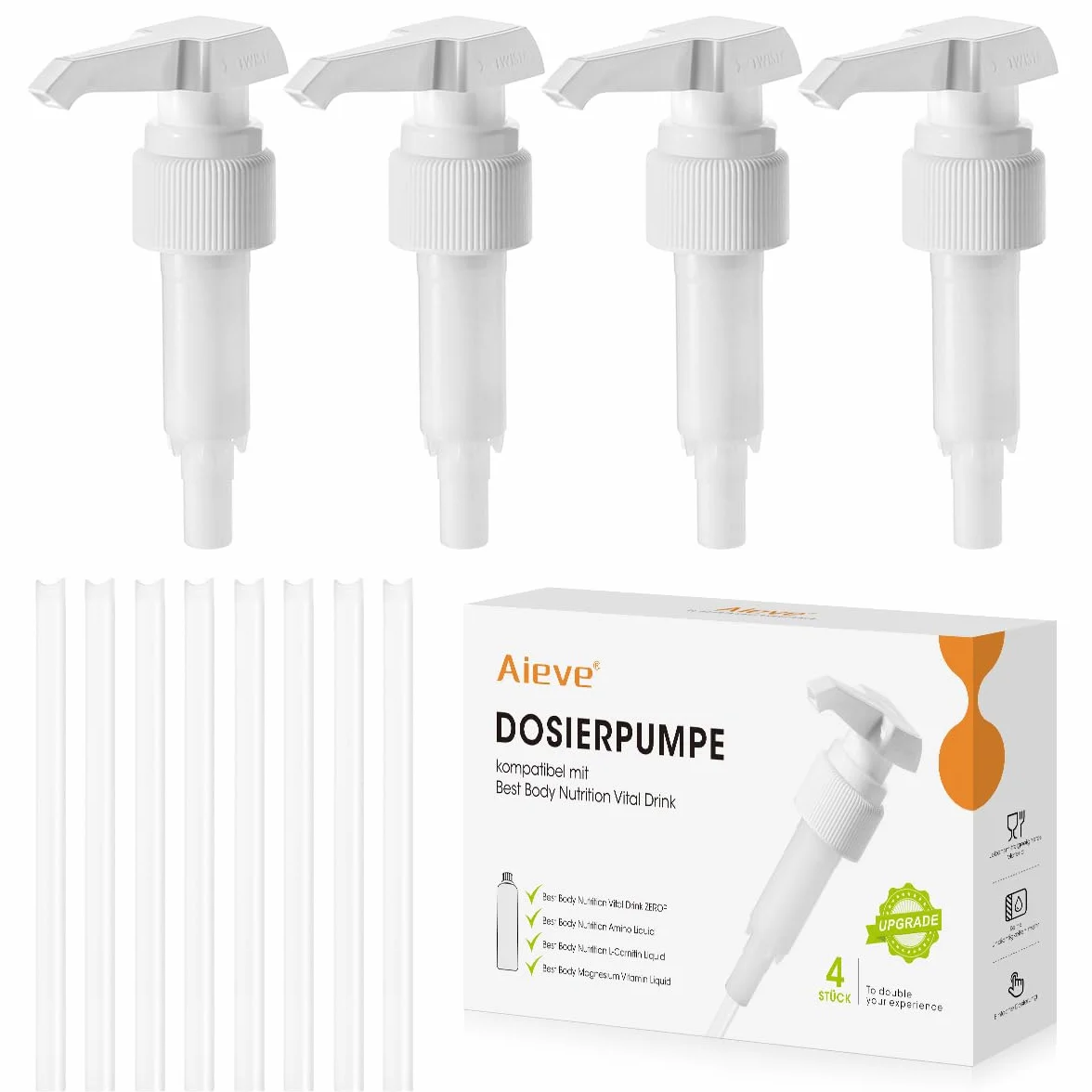 Aieve 4 x dozownik syropu z pompką dozującą, kompatybilny z Best Body Nutrition Vital Drink, wymienna pompa do syropu, nasadka pompy wielokrotnego użytku do butelki 500 ml / 1000 ml (wersja ulepszona