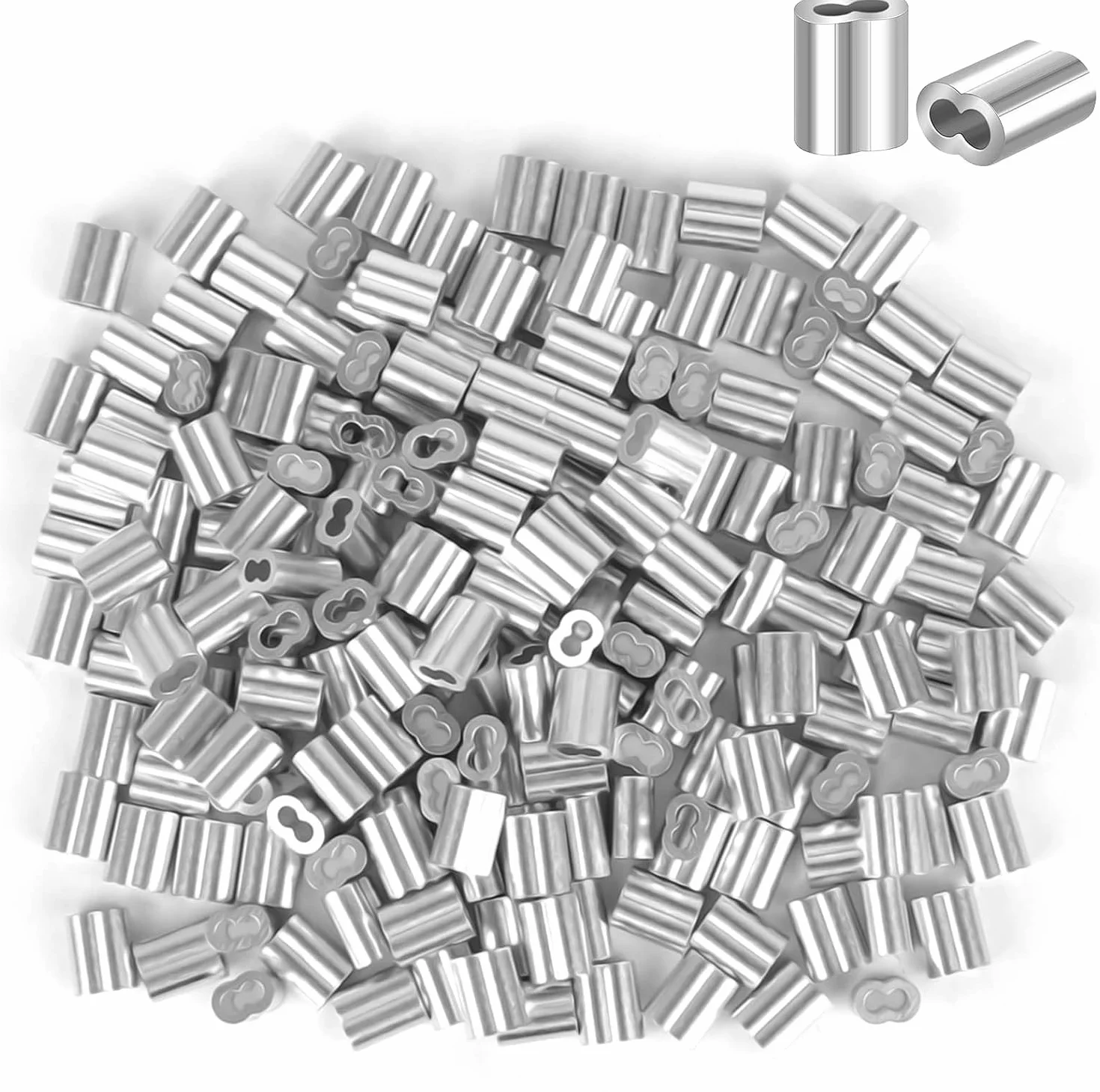 200 sztuk aluminiowych klipsów, aluminiowy zacisk do liny drucianej, podwójny otwór, zacisk do liny stalowej, 2 mm, aluminiowa pętla zaciskowa do liny stalowej i kabla, srebrzyste