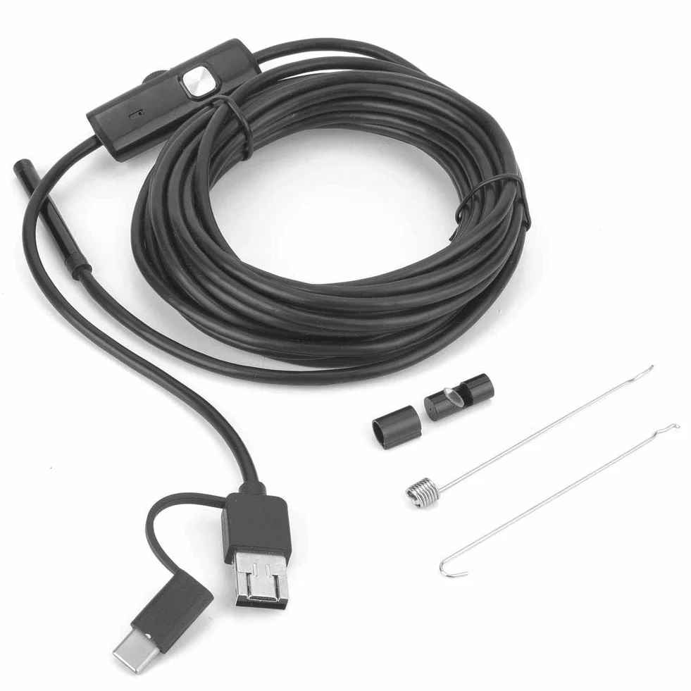 Endoskop USB 5,5 mm Boroskop Inspekcyjny Wodoodporny 3 w 1 z Kamerą Snake 6LED 5 m dla Smartfonów – Przewód Elastyczny do Diagnostyki i Kontroli Trudno Dostępnych Miejsc