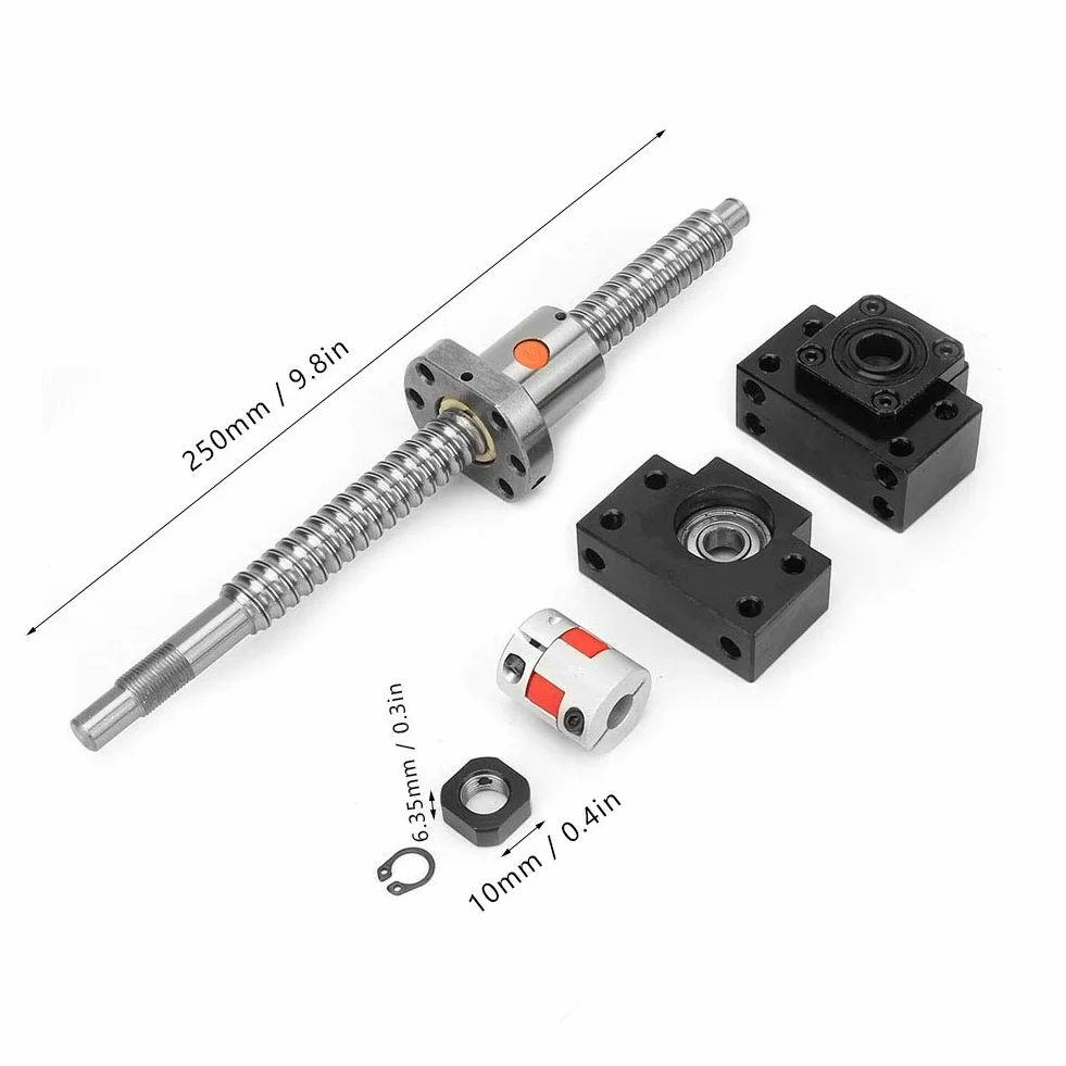 SFU1605 śruba ze stali nierdzewnej, śruba kulowa 1605, śruba kulowa 250 mm, nakrętka i wsparcie BkBf12 i sprzęgło 6,35 x 10 mm