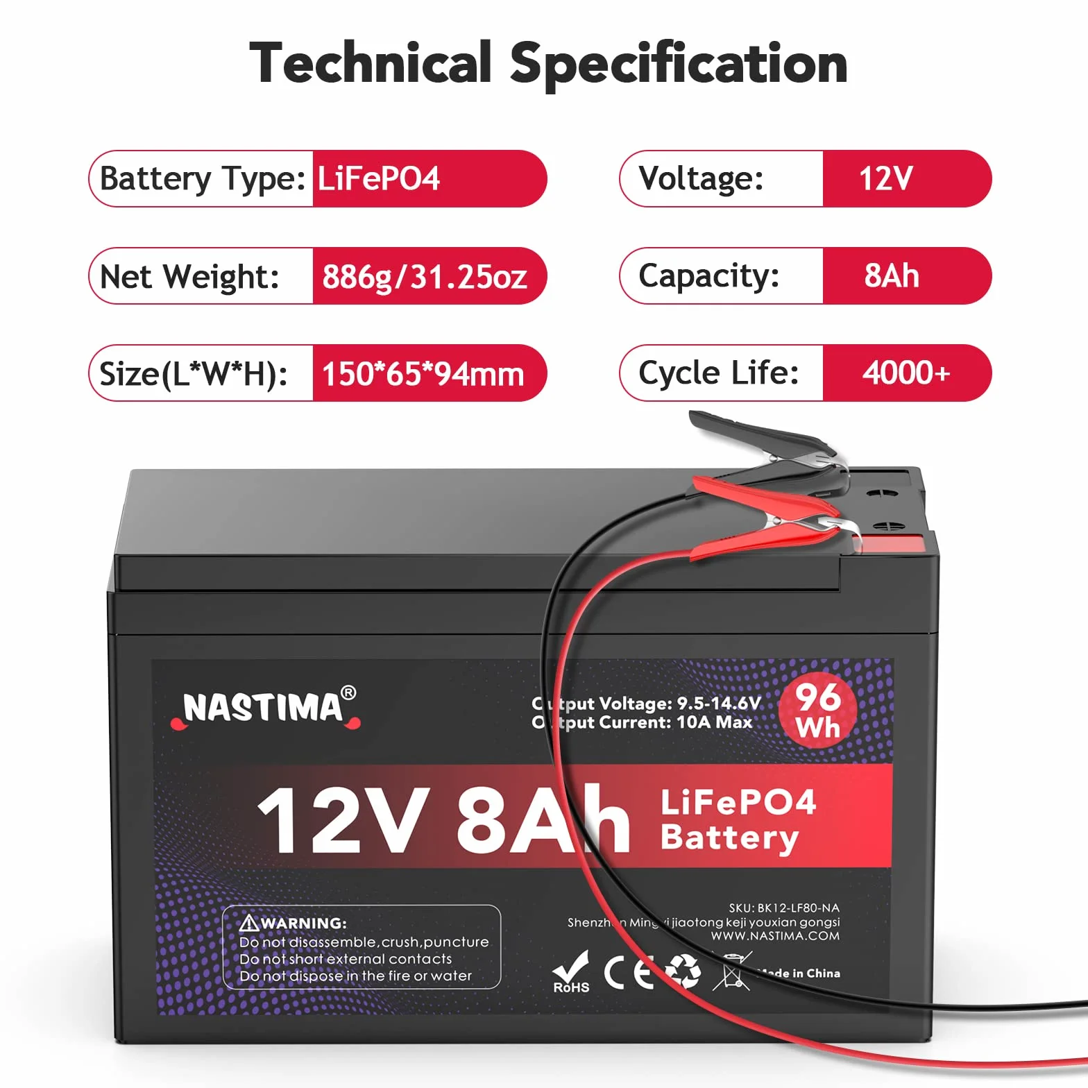 NASTIMA Akumulator 12 V 8Ah LiFePO4 z ochroną BMS i głębokim cyklem 4000, odpowiedni do zestawów paneli słonecznych, wózków dziecięcych, kamperów, łodzi, kempingu, echosondów