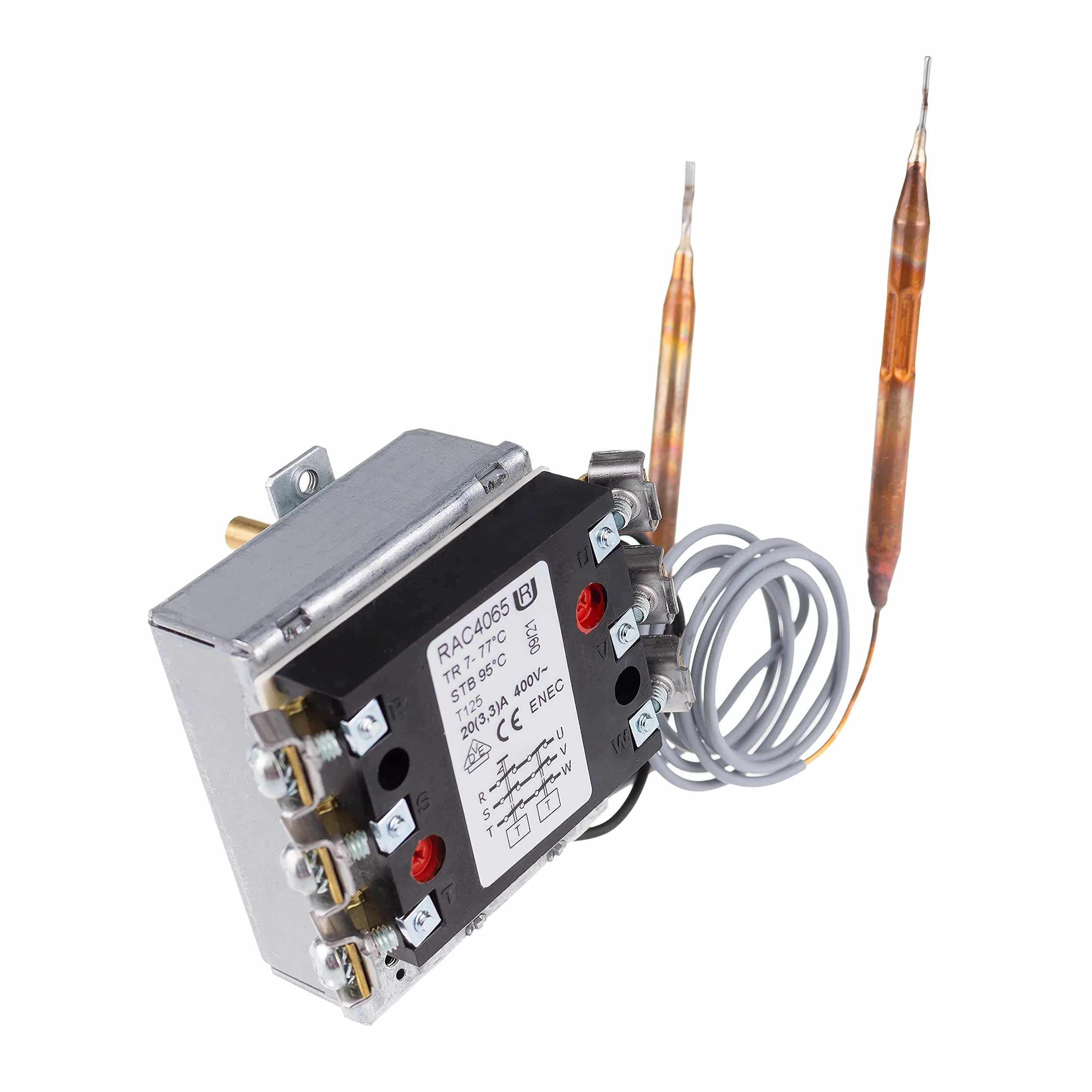 Rathgeber Termostat połączony z bezpiecznikiem termicznym typu RAC, ręczny reset termostat, trójfazowy 20 (30) A/400 V (7 – 77 °C / M4 x 8, 45°C)