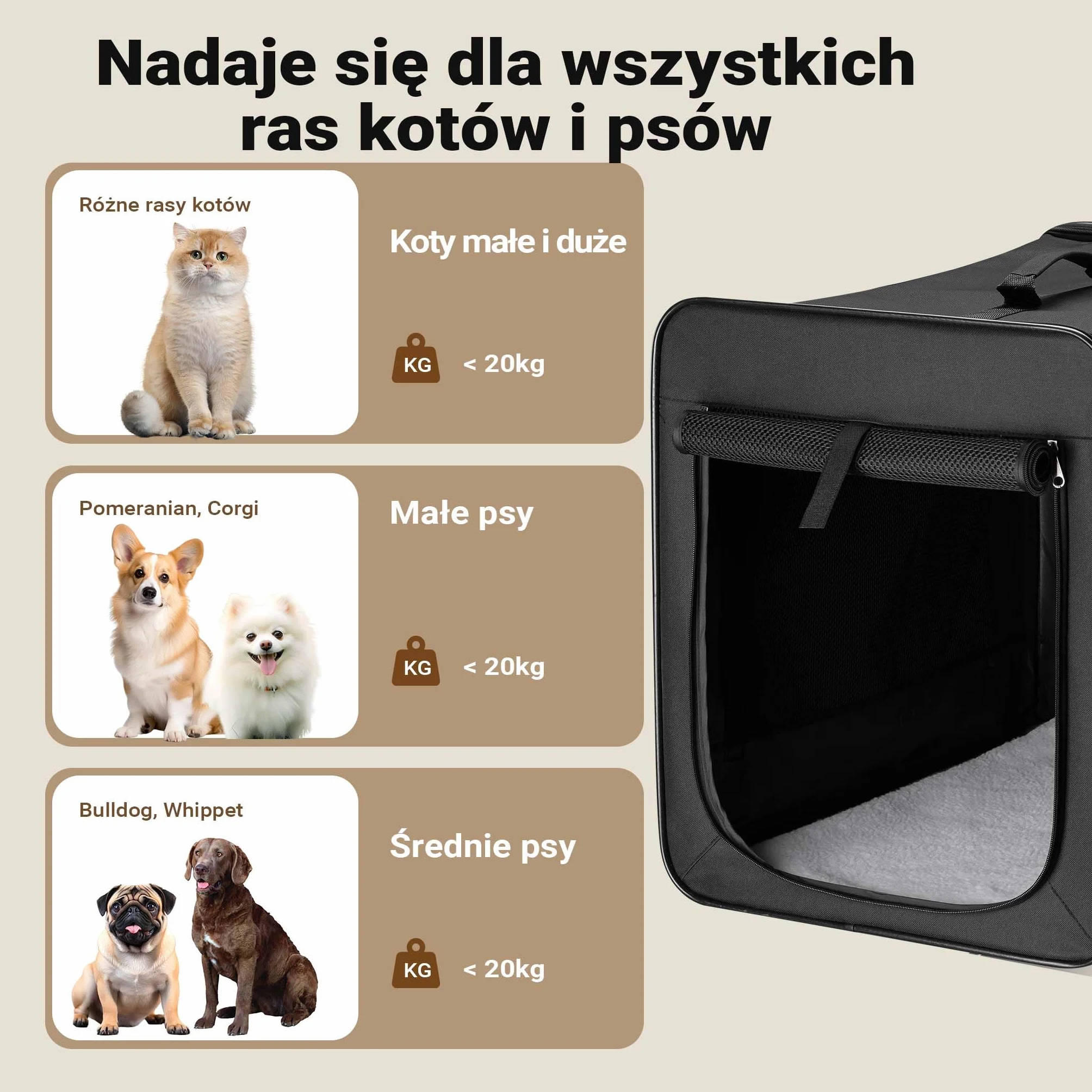 Wiltec Składany transporter dla psa i kota XL (94x66x74 cm), klatka transportowa z poduszką, lekka torba do samochodu dla zwierząt do max. 20 kg