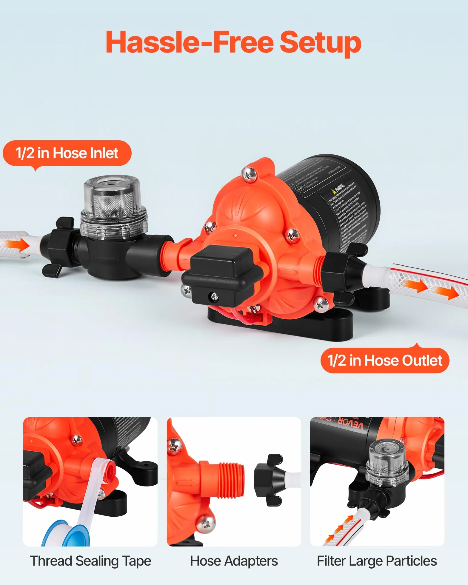 VEVOR Pompa membranowa, 12 V DC, 15,1 l/min, samozasysająca 3-komorowa pompa wodna z automatycznym przełącznikiem ciśnieniowym, ciśnienie 2,75 bar, do przyczep kempingowych, statków, jachtów, myjni