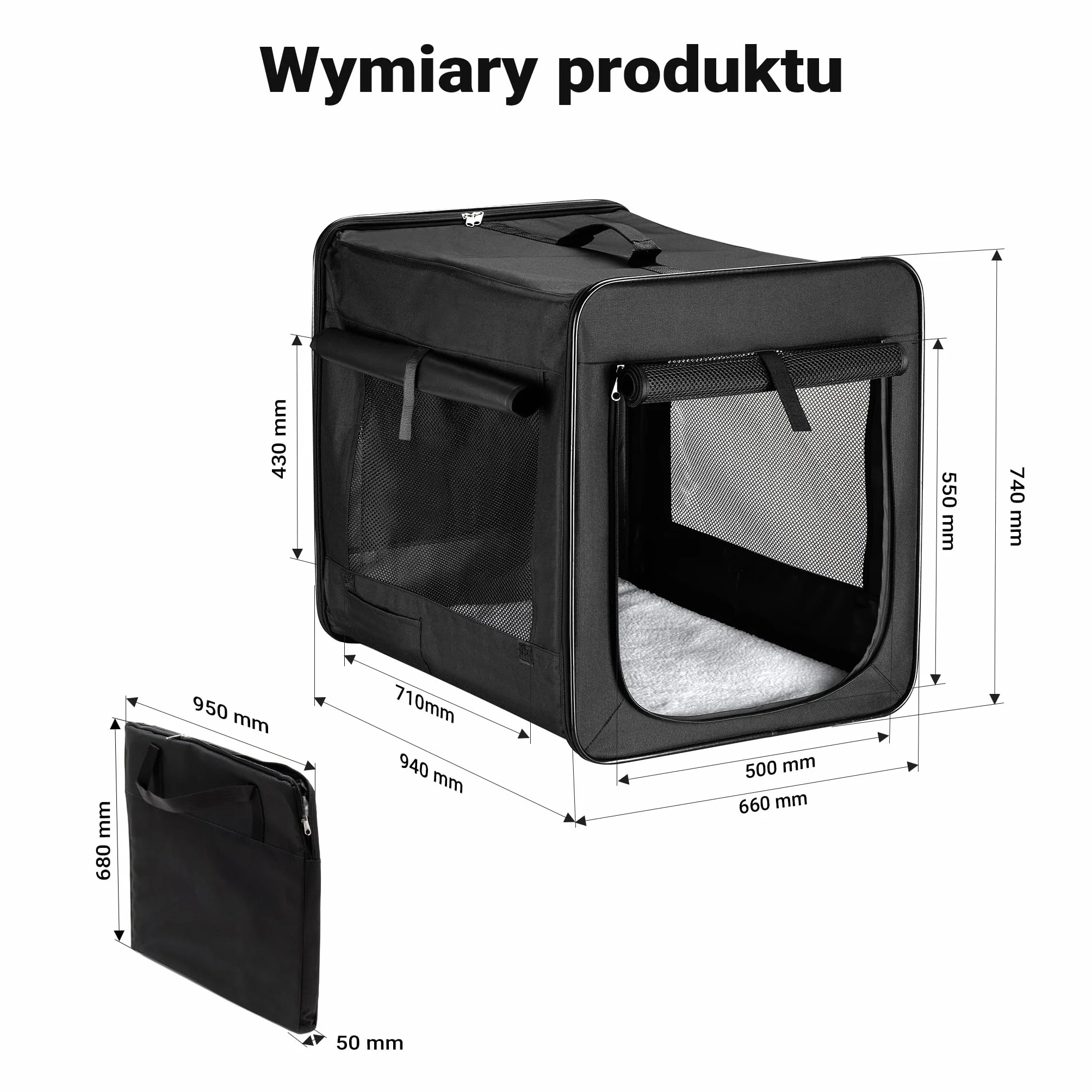 Wiltec Składany transporter dla psa i kota XL (94x66x74 cm), klatka transportowa z poduszką, lekka torba do samochodu dla zwierząt do max. 20 kg