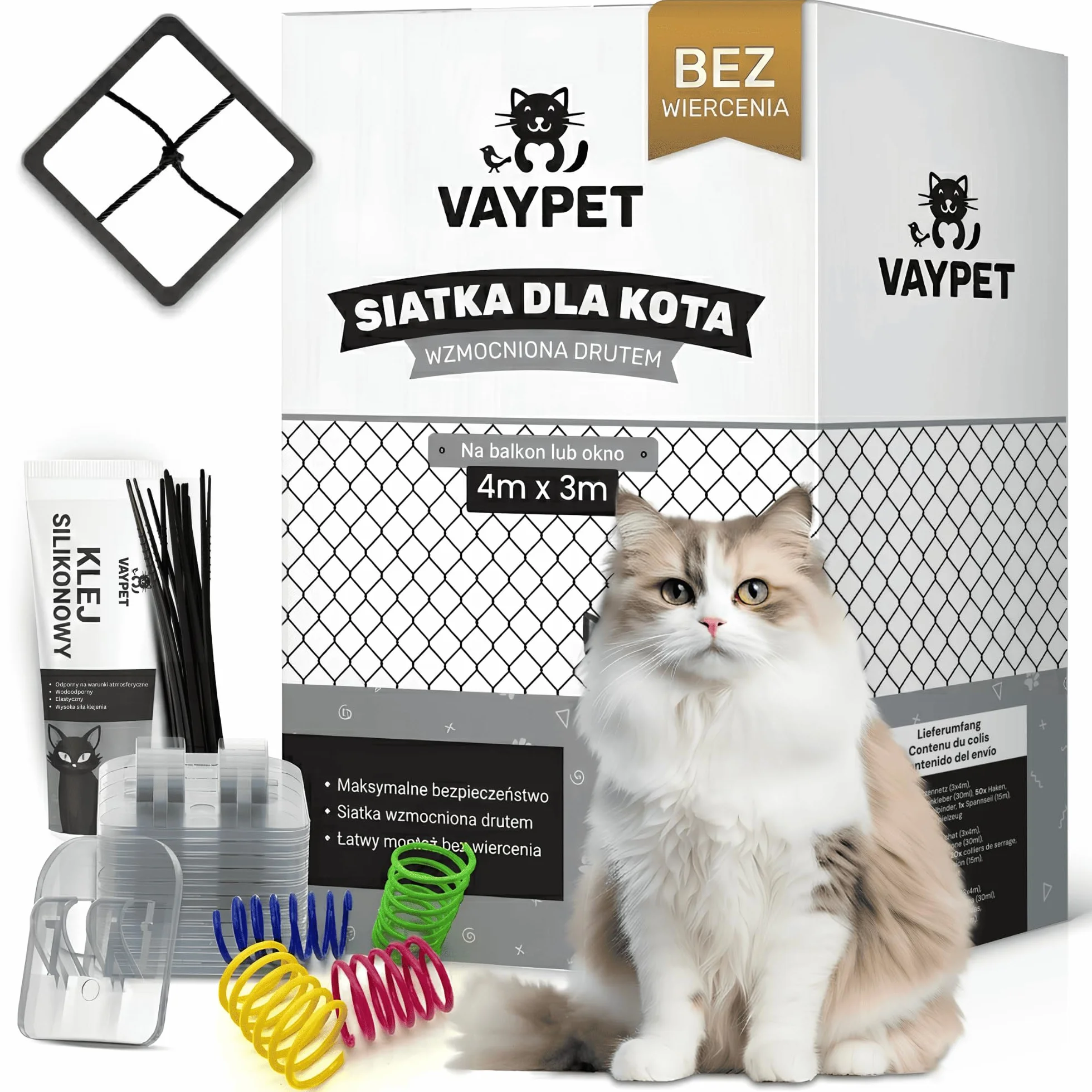 VAYPET® Siatka dla Kota na Balkon [4x3m] - bez Wiercenia, wzmocniona | W zestawie Haczyki + Klej Silikonowy | Siatka wzmocniona Drutem | Siatka Ochronna dla Kota na Balkon, Okno