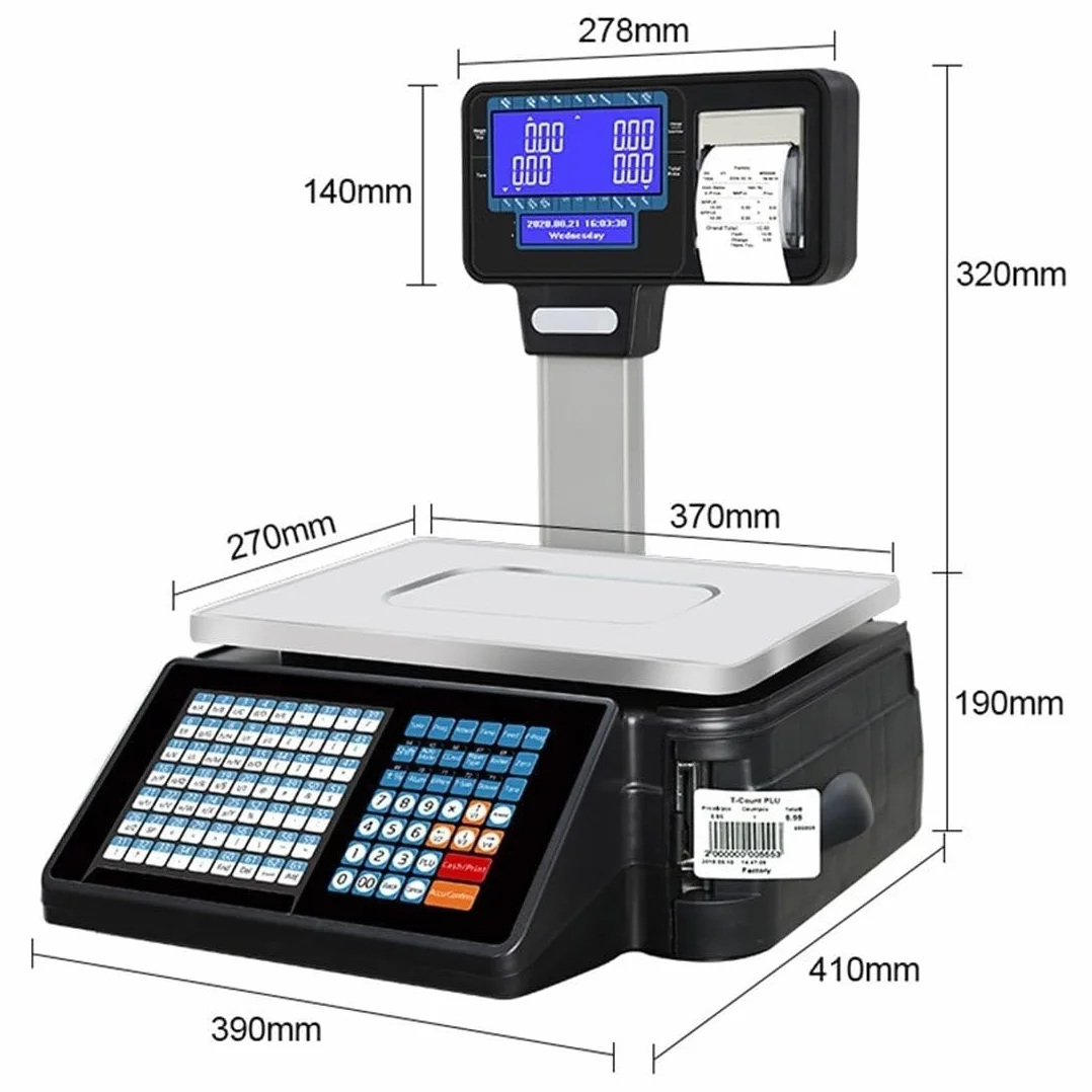 Cyfrowa waga do drukowania etykiet cenowych, elektroniczna waga do ważenia kodów kreskowych kasa fiskalna z drukarką paragonów, dwustronny wyświetlacz LCD 30 kg, 63 klawisze skrótów handlowa sklepu