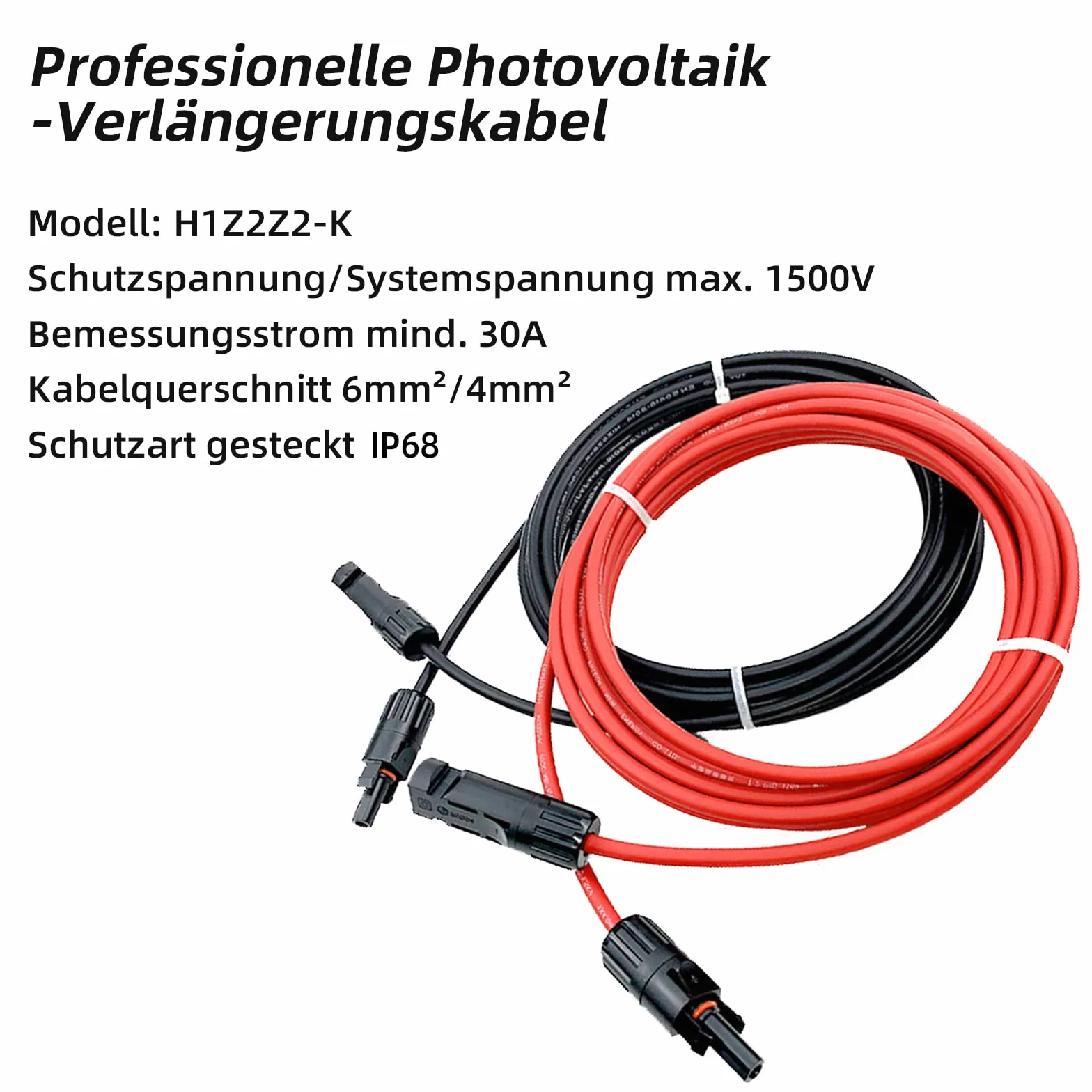 Profesjonalny kabel połączeniowy, przedłużacz z obu stron, wtyczka solarna, kabel solarny czerwony/czarny, 6 mm², wraz z zamontowaną wtyczką solarną (4 mm² 1 m)