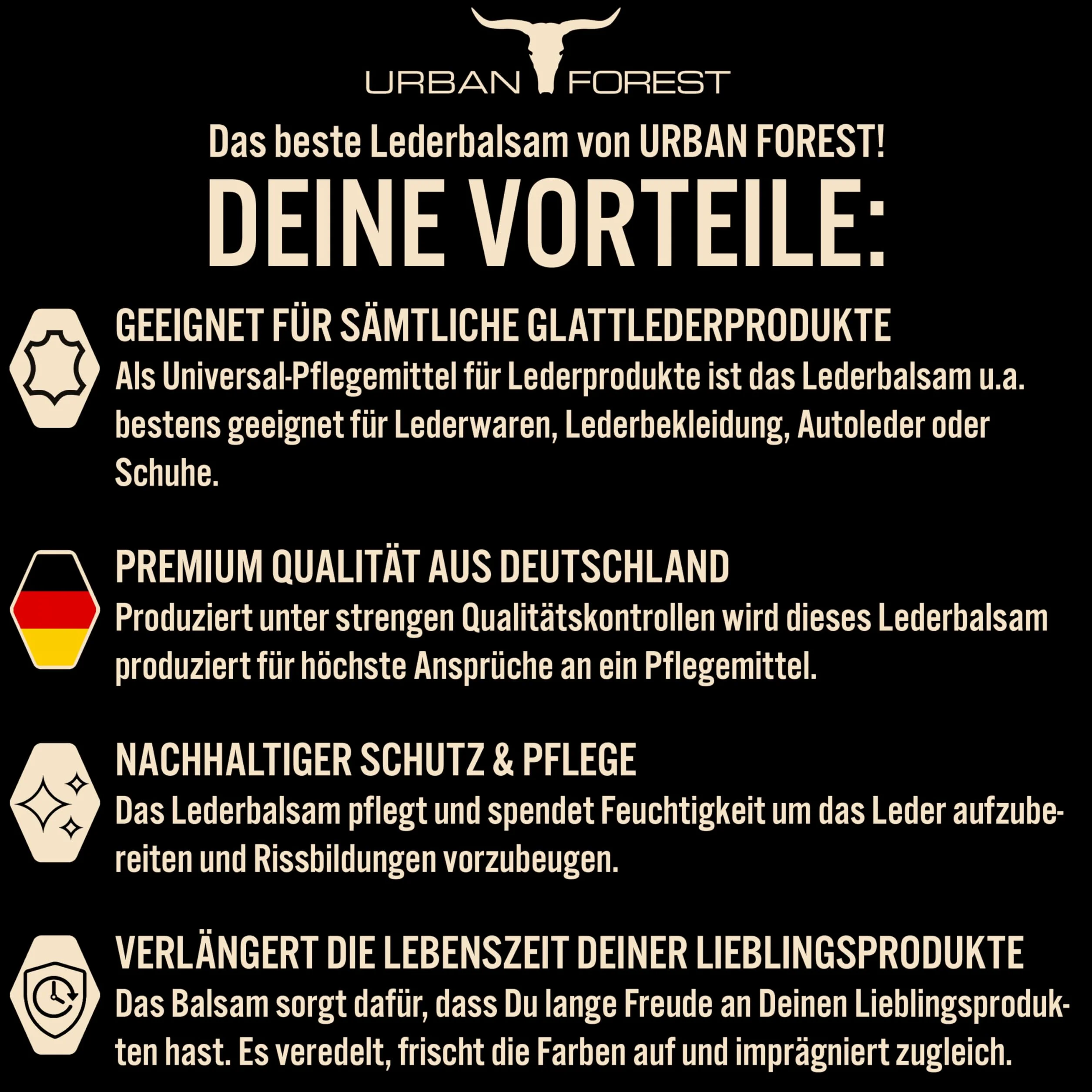 URBAN FOREST Premium Leder Balsam balsam do pielęgnacji skóry z woskiem pszczelim i olejkiem z awokado, 250 ml, do samochodu, sofy, mebli, kurtki, odzieży motocyklowej, torebek