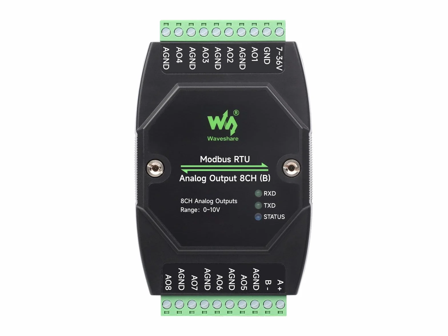Waveshare Industrial 8-Ch Analog Output Module, 12-Bit DA Conversion, Supports 8-Ch Simultaneous Voltage Or Current Output, DC 7~36V Wide Voltage Power Supply, Modbus RTU Protocol, Rail-Mount Support