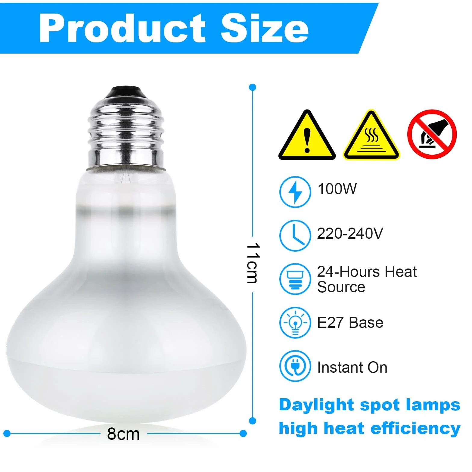 Lampa punktowa do wygrzewania, 2 sztuki, 100 W, lampa grzewcza dla gadów, płazów, piskląt, szczeniąt (biała)