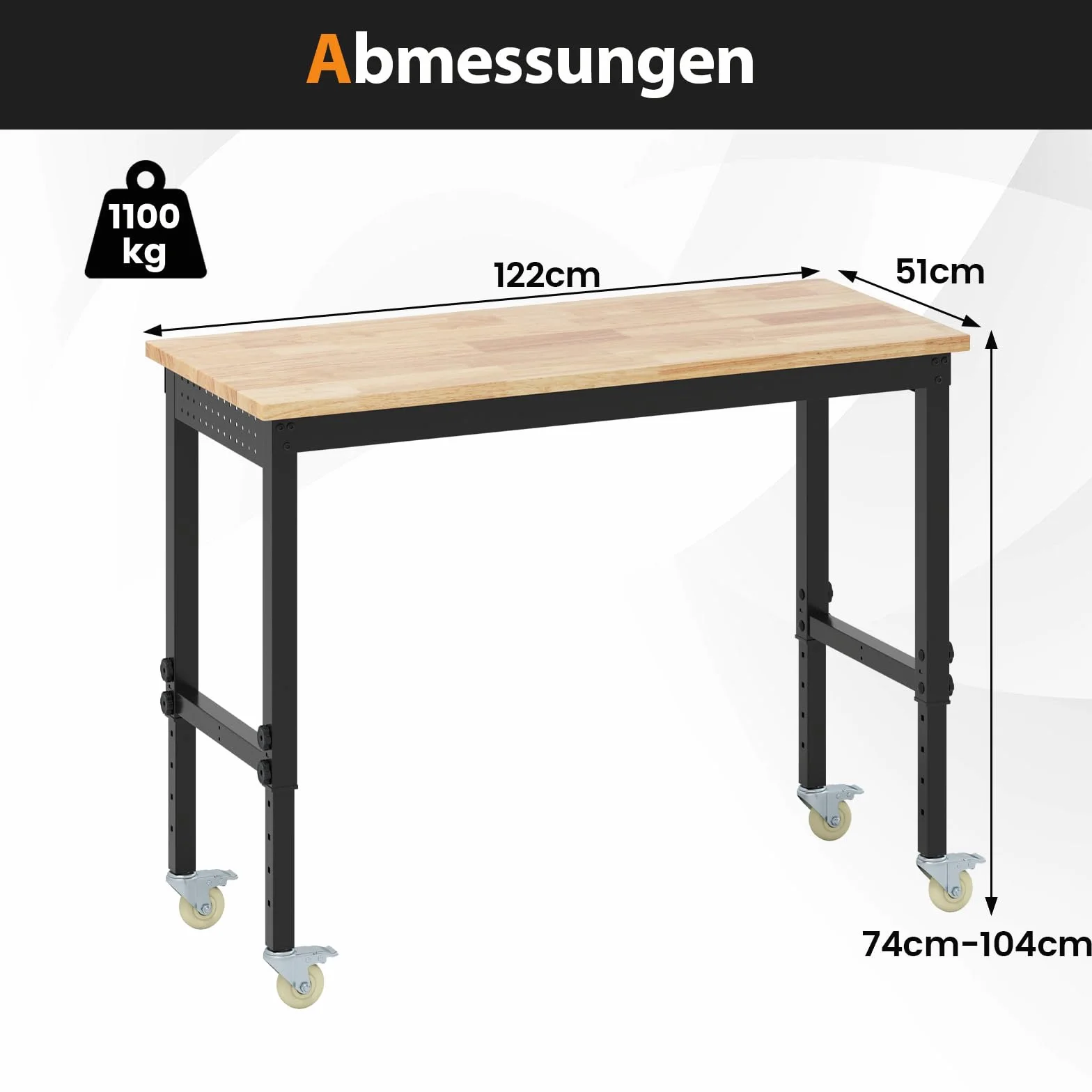 COSTWAY Regulowany stół warsztatowy na kółkach, stół roboczy z drewna gumowego z 2 płytkami perforowanymi i metalową ramą, udźwig 1100 kg, stół warsztatowy, stół narzędziowy o powierzchni roboczej 122