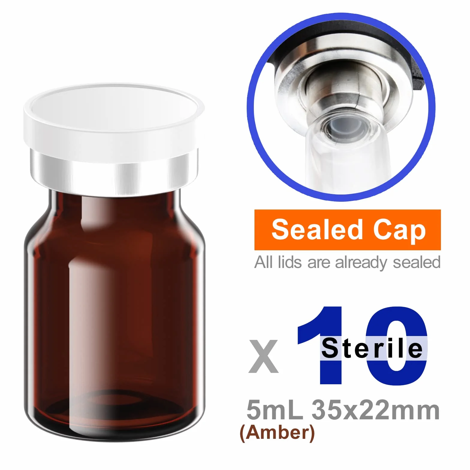 Sterylne puste fiolki 5 ml bursztyn z portem wtryskowym i aluminiową plastikową nasadką 10 szt.
