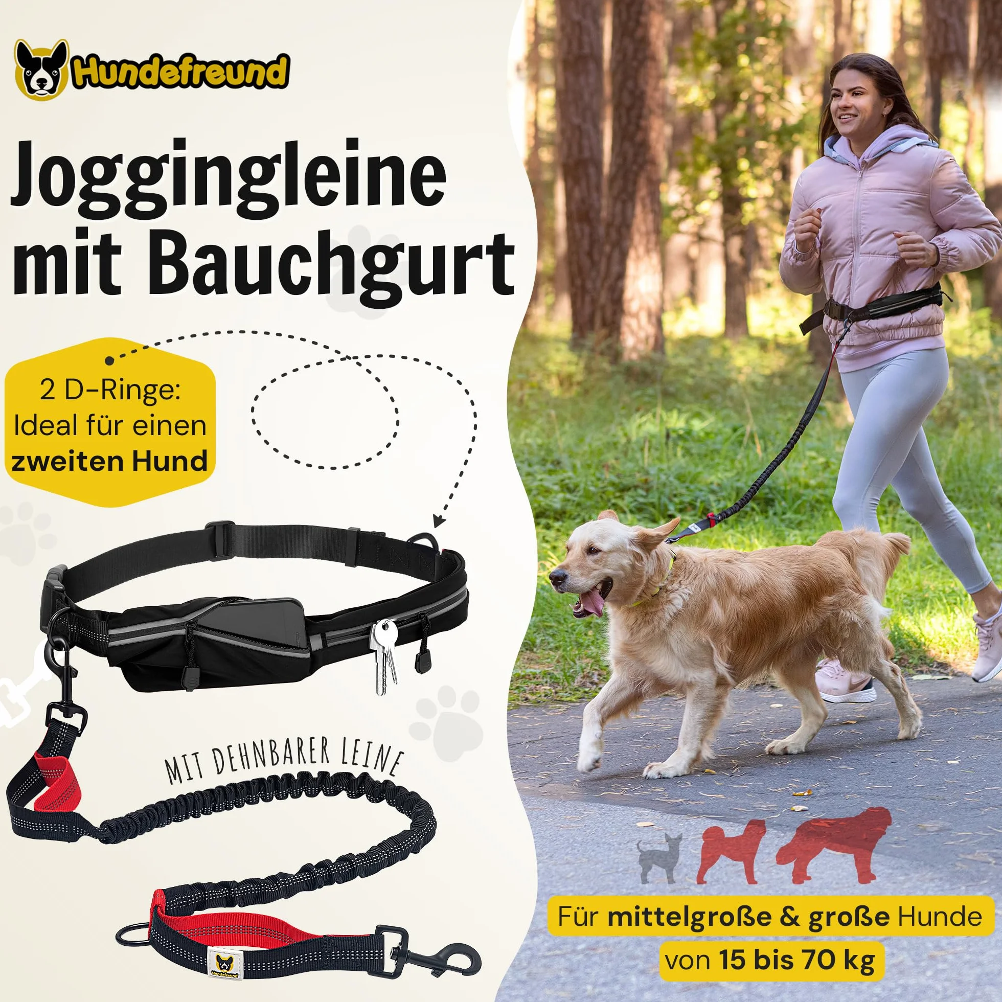 Hundefreund Smycz z paskiem bez użycia rąk dla średnich i dużych psów Canicross elastyczna smycz 120-180 cm (Czarny)