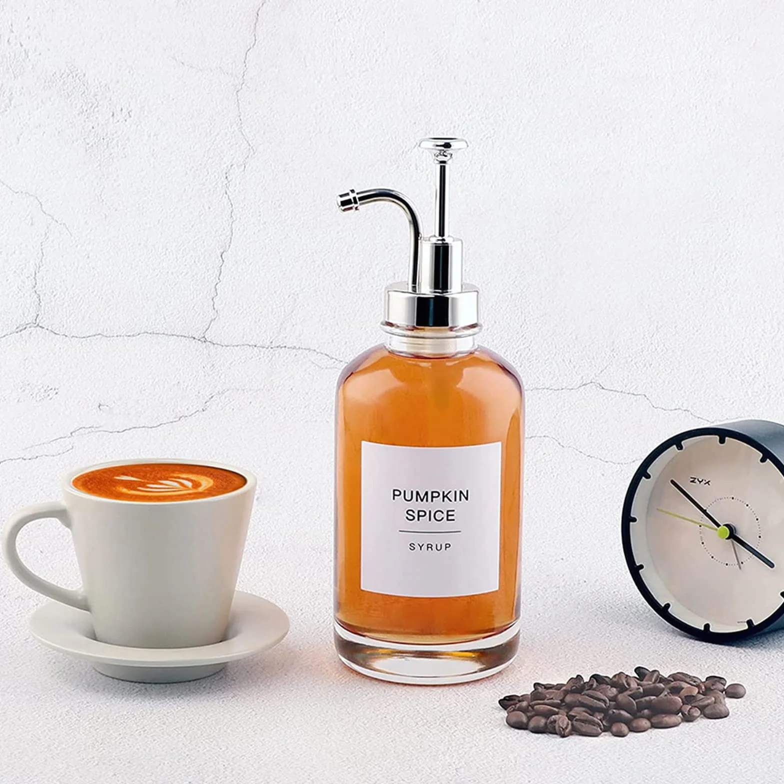 Zestaw 2 dozowników do syropu kawowego 500 ml srebrny z 36 etykietami szklane butelki z pompką