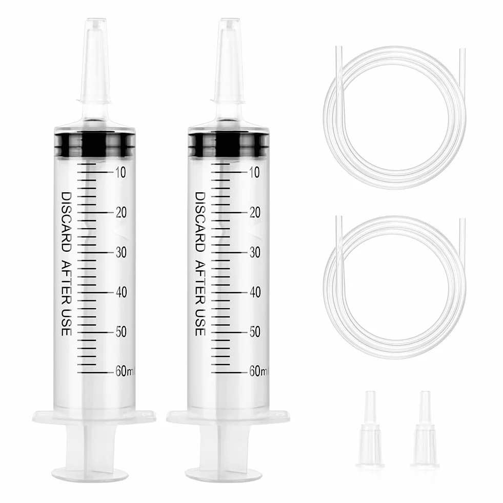 OFFCUP Steryczna strzykawka z tworzywa sztucznego, 2 sztuki jednorazowych strzykawek 60ml z cewnikiem, wielokrotnego użytku duża strzykawka do transferu płynów, strzykawki do karmienia zwierząt
