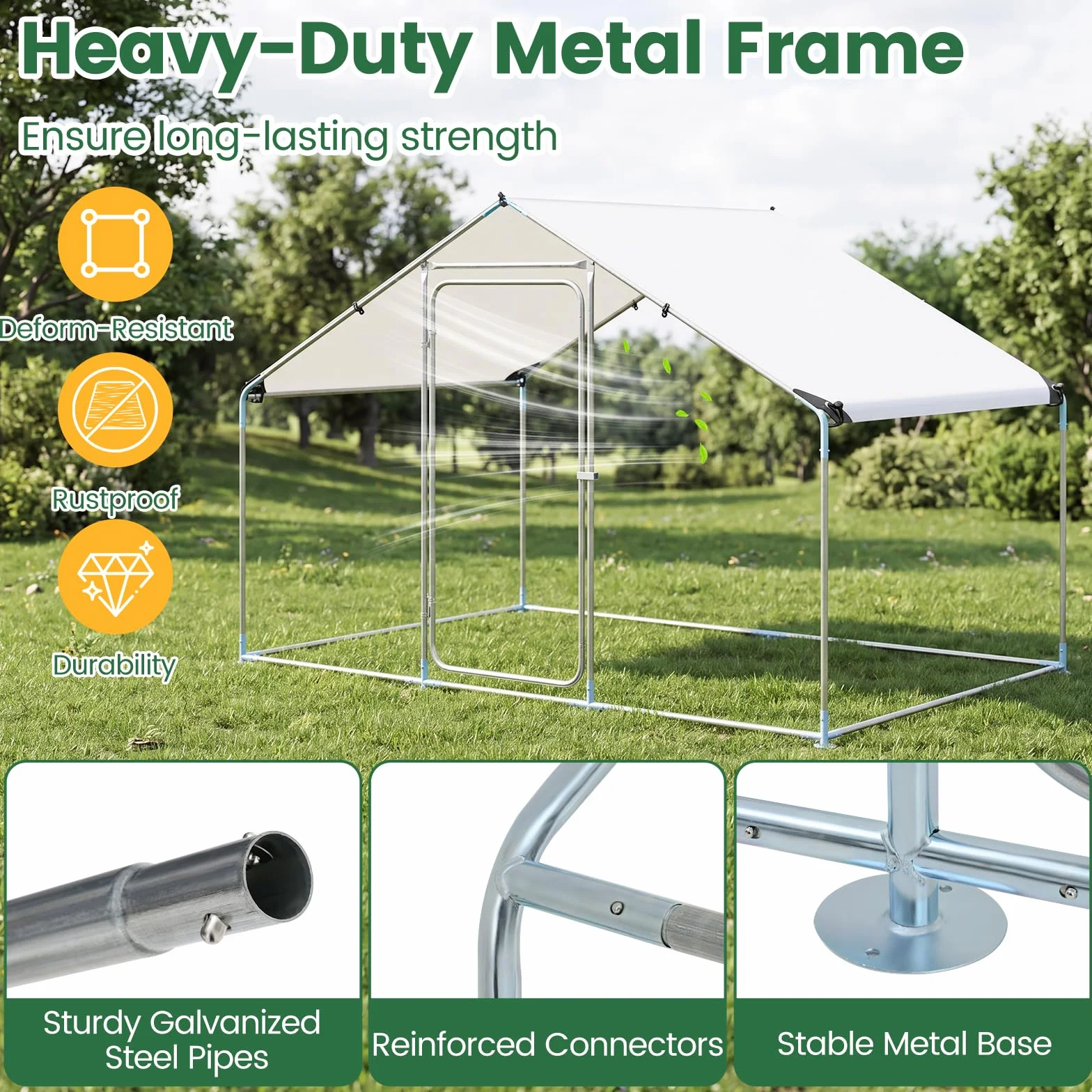 COSTWAY Kurnik 3 x 2 x 2 m | 6 m², wybieg metalowy, wybieg dla kur, z wodoodpornym dachem PE i zamkiem bezpieczeństwa, wybieg dla kur, drobiu, małych zwierząt, srebrny