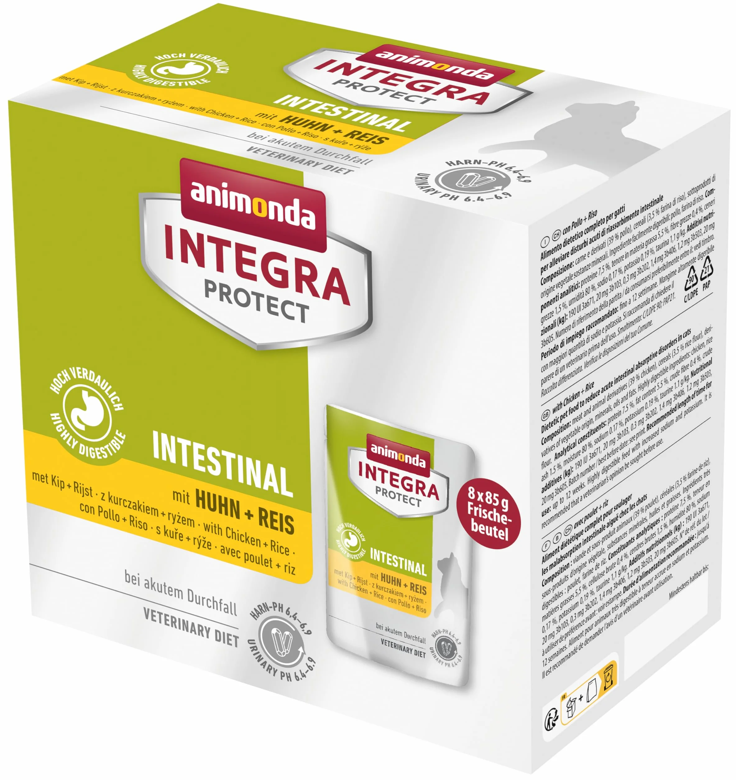 animonda Integra Protect Intestinal dieta dla kotów, karma dla kotów w woreczku, mokra karma w przypadku biegunki lub wymiotów, z kurczakiem i ryżem, 8 x 85 g | Mokra karma dla kotów zalecana przez weterynarza w przypadku biegunki i wymiotów, dietetyczna