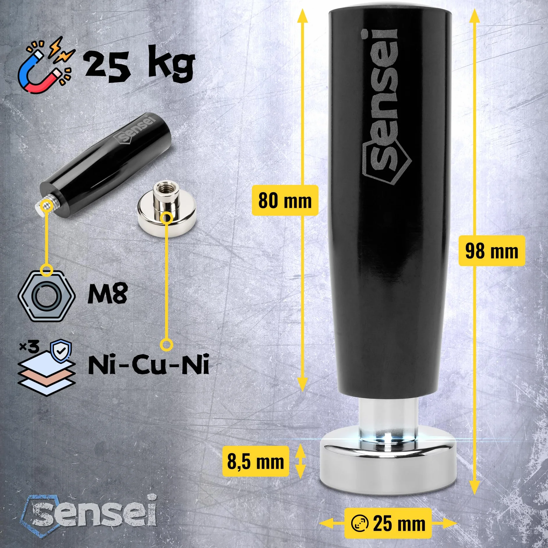 SENSEI® Magnes Neodymowy z Rączką – Ø 25 mm, Udźwig 25 kg, Magnes z Uchwytem na Gwint M8 do Skupu Złomu, Warsztatu i Przemysłu