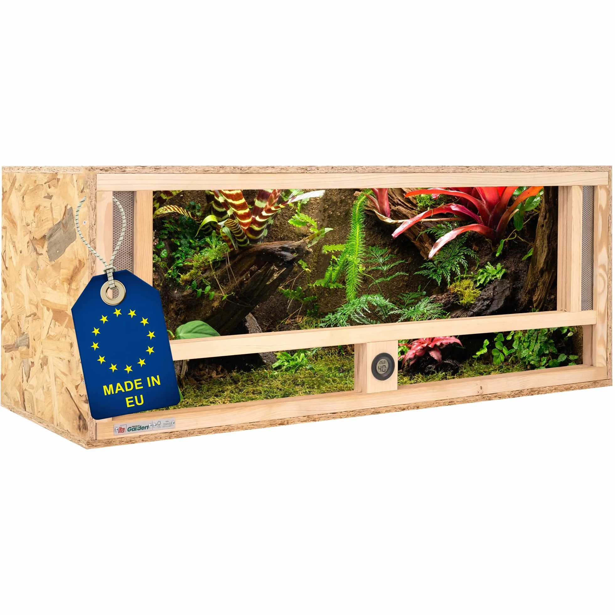 ITA Drewniane terrarium 100 x 40 x 40 cm ze zintegrowaną wentylacją i higrometrem, drewniane terrarium OSB-3, dla gadów, węży, płazów - produkt UE, certyfikat FSC