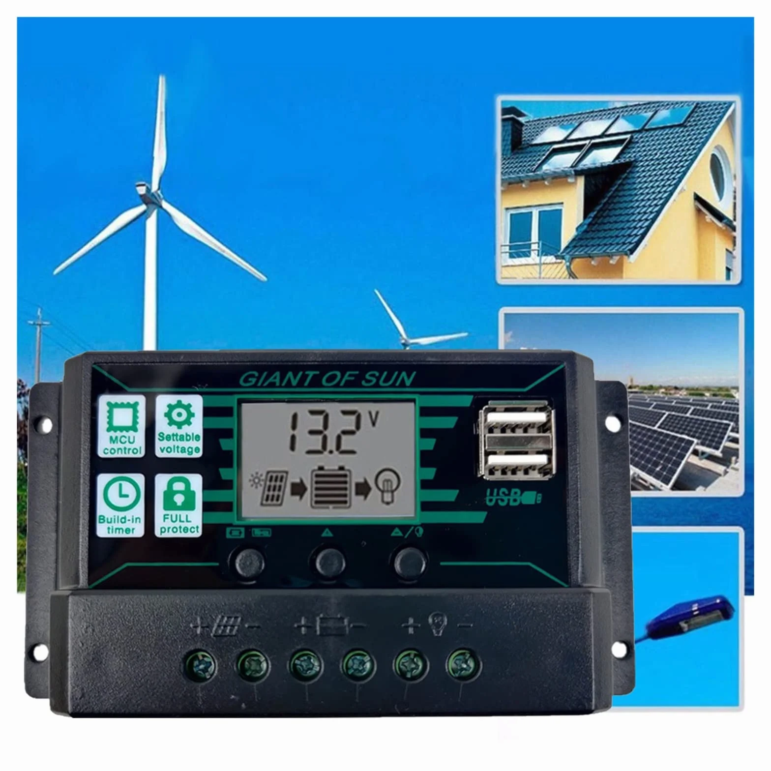 Kontroler ładowania słonecznego, MPPT Solar Charge Controller PWM 10A-100A Solar Power Intelligent Regulator 12V 24V Auto Dual USB LCD Display Load Discharger(3)