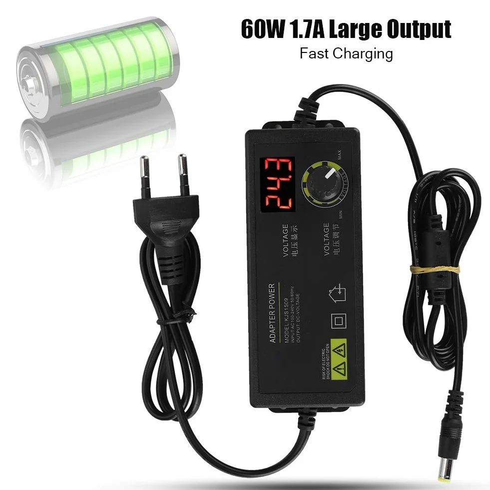 Uniwersalny Regulowany Adapter Sieciowy 60W AC/DC 3V-36V Regulowany z Cyfrowym Wyświetlaczem, Szeroki Zakres Regulowany Adapter Sieciowy dla Listw LED, Monitorów LCD, Silników (1,7A)
