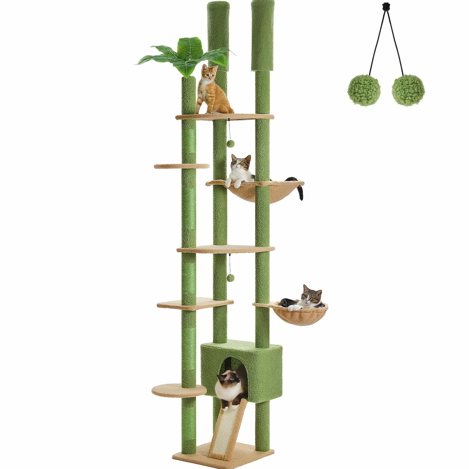 PAWZ Road Wysokie drzewo dla kota od podłogi do sufitu, wieża drapaka, kaktus z regulowaną wysokością (230-252 cm), mieszkanie i hamak