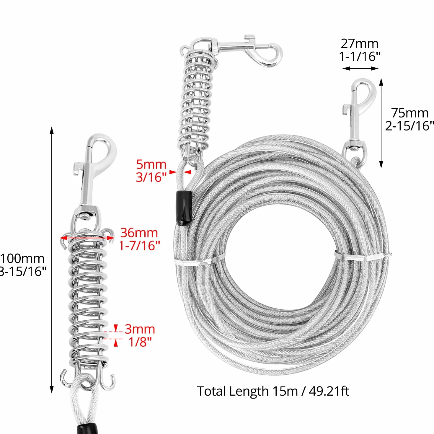 QWORK® Kabel do wiązania dla psa ze sprężyną i haczykiem, wytrzymały łańcuszek dla psa 5 mm, bez plątania 360°, amortyzujący wstrząsy, do biegania, na kemping