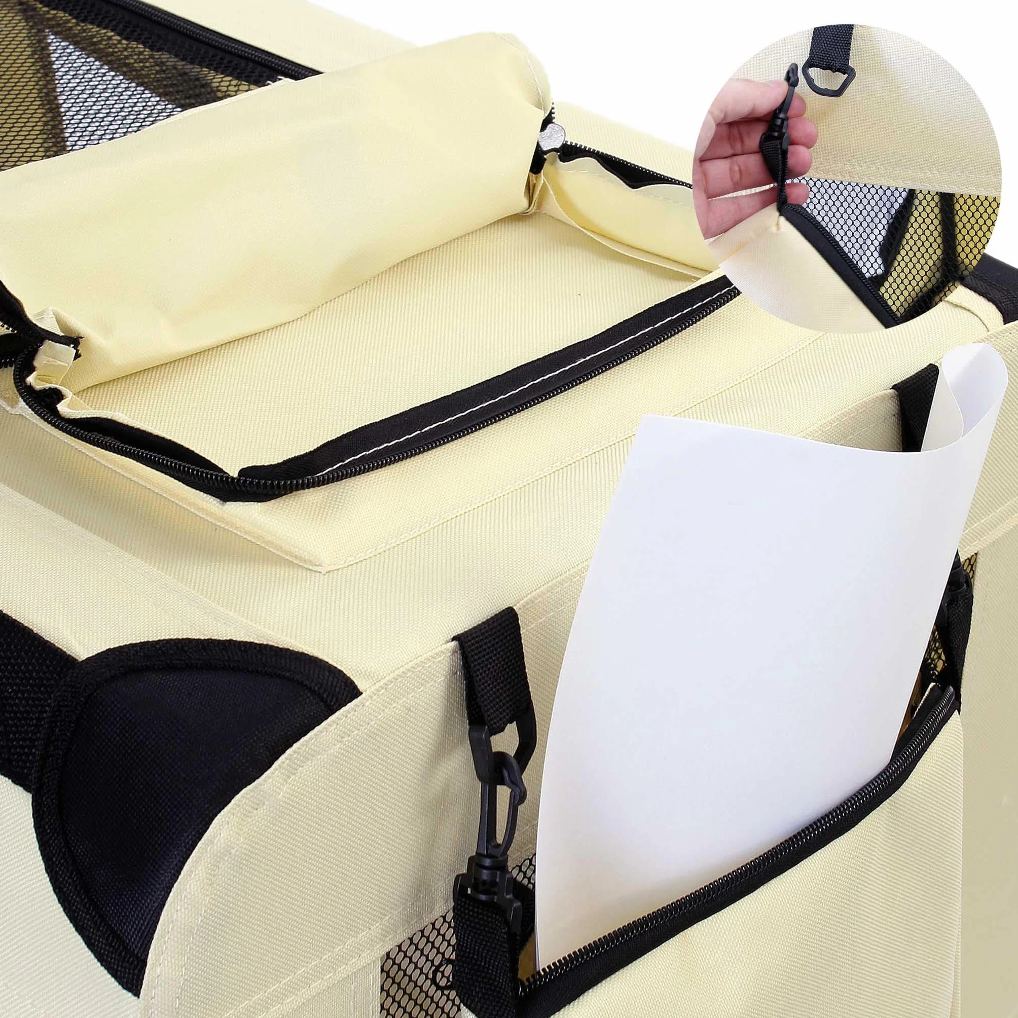 Fudajo Składany transporter dla psa i kota M (60x42x44 cm) beżowy, klatka transportowa z poduszką, lekka torba do samochodu dla zwierząt do max. 10 kg