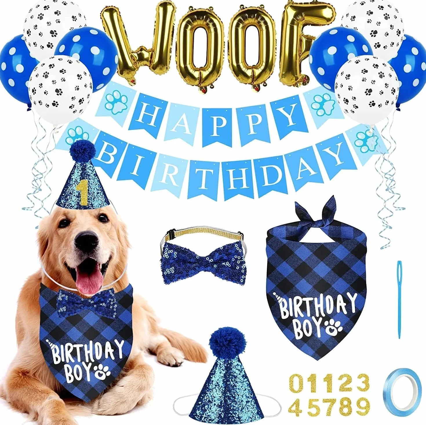 Boxgear Akcesoria na imprezę urodzinową psa, kapelusz bandana, zestaw banerów, WOOF, balony Happy Birthday, akcesoria na imprezę urodzinową dla zwierząt domowych, szczeniaków, kotów