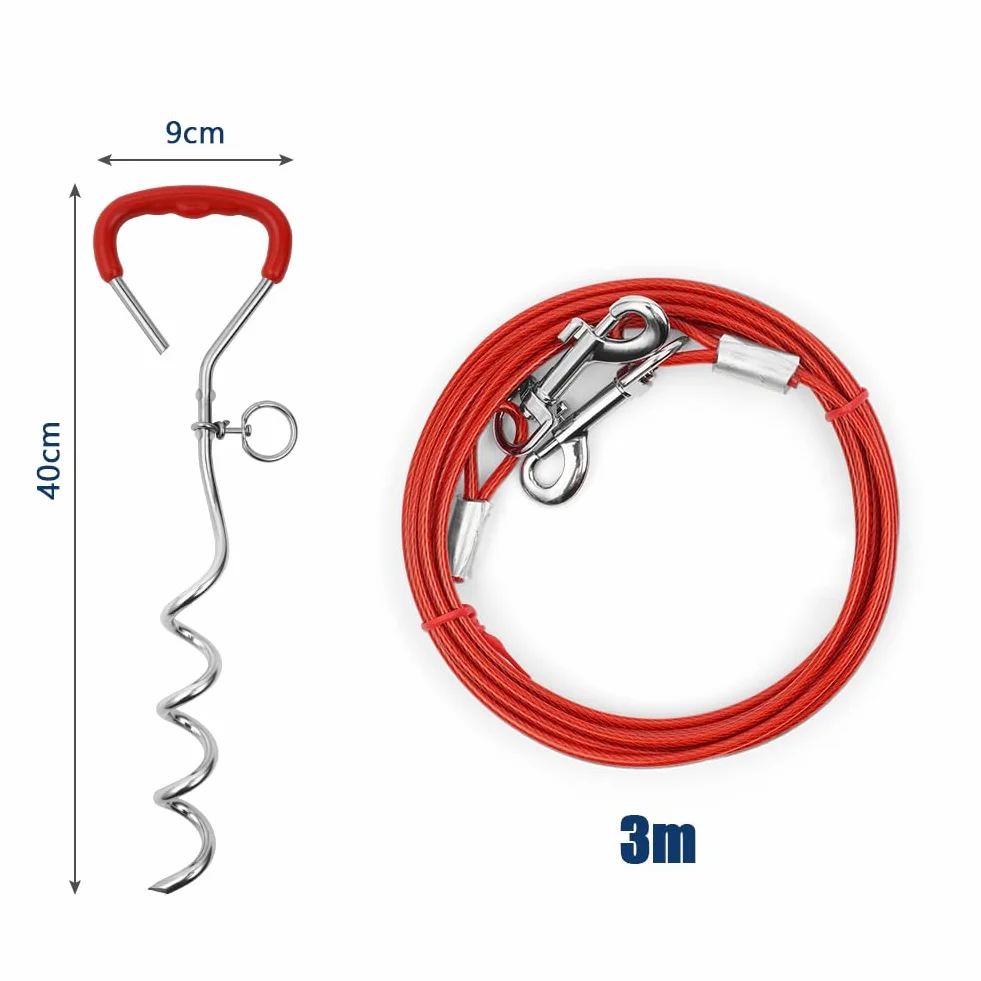 Aomig 20 m (3 m) kabel do wiązania dla psa, wytrzymały kabel do wiązania dla psa ze spiralnym palikiem uziemiającym, solidny palik dla psa, stalowy, spiralny, uziemiony, akcesoria dla psa, na zewnątrz