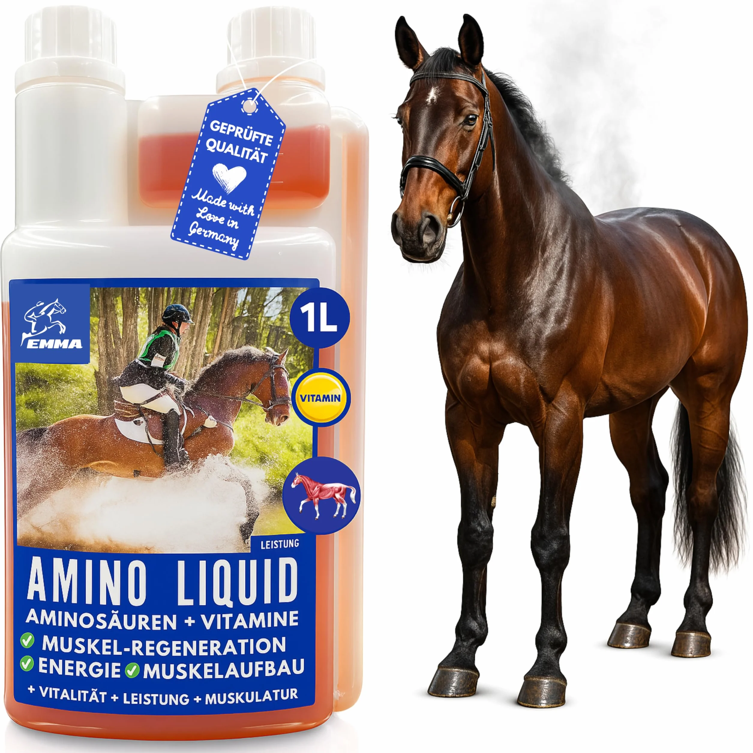 EMMA Amino Pferd Liquid 1L Aminokwasy w płynie z L-karnityną, witaminą B Komplex, suplement diety dla budowy mięśni, regeneracji, zwiększenia wydajności i budowy mięśni - alternatywa dla proszku