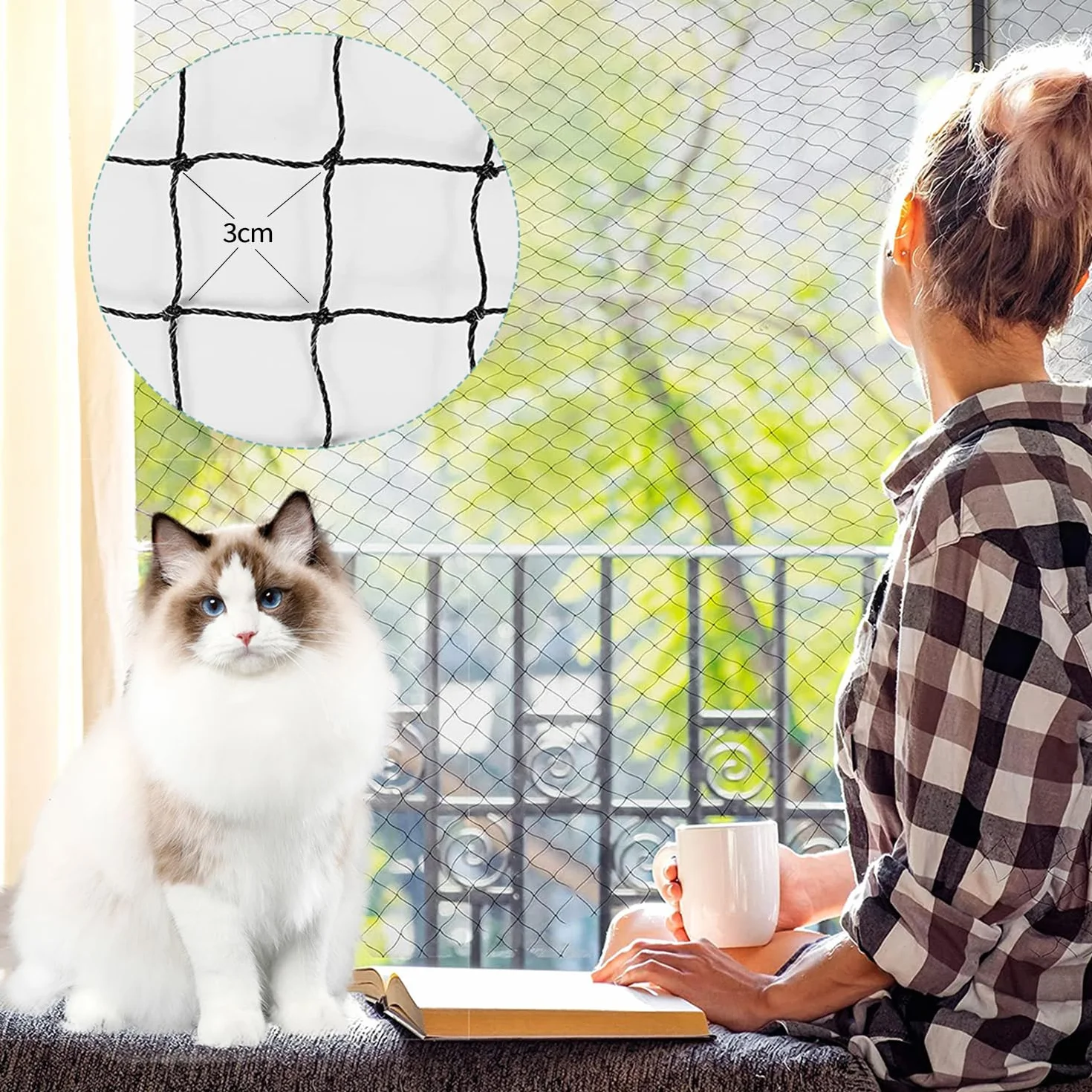 Siatka dla kota na balkon, 6 x 3 m, wzmocniona drutem, z linką mocującą 19 m, mocna, trwała, odporna na promieniowanie UV, odporna na warunki atmosferyczne, nadaje się na balkon, taras i okna