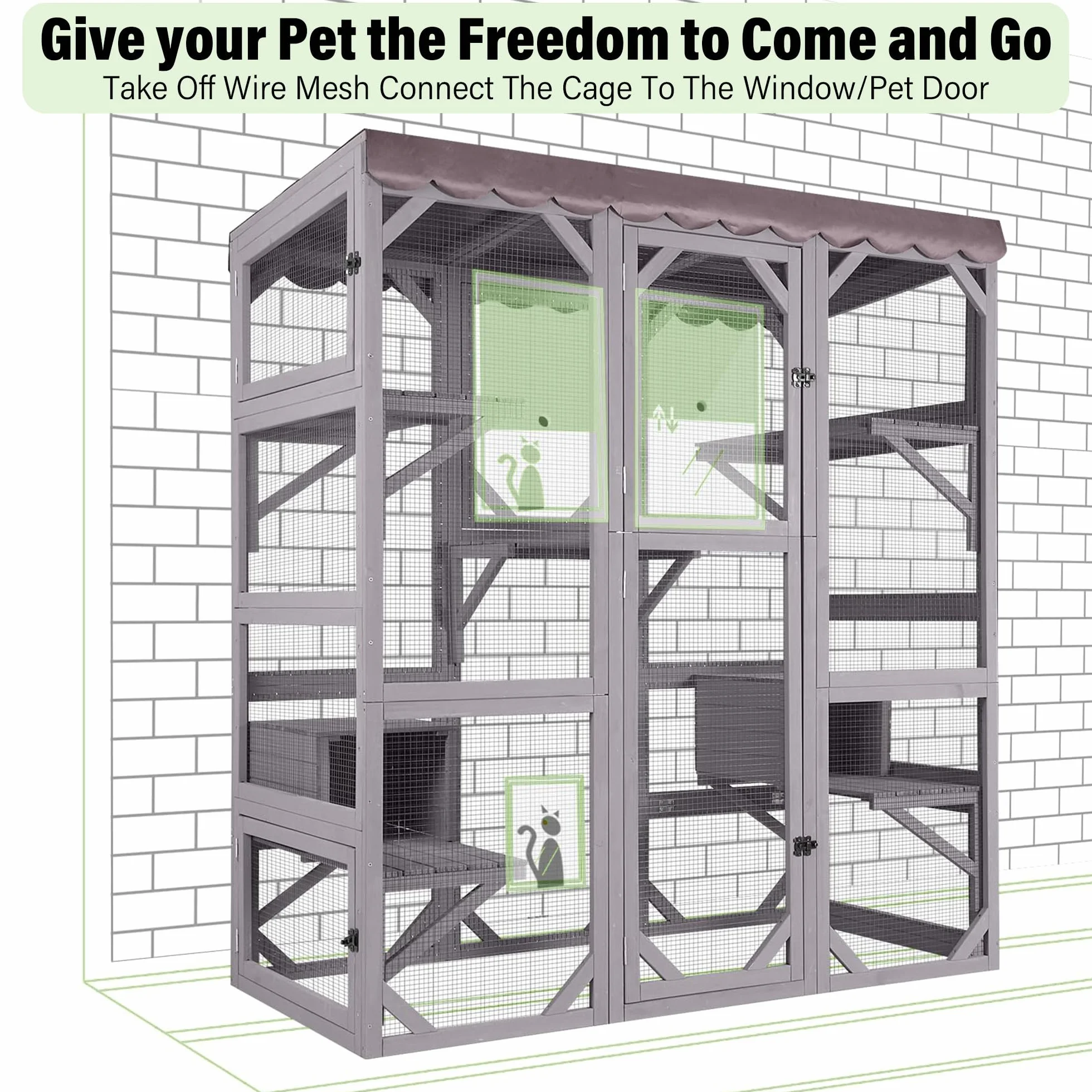 Seiyierr Catio Duży domek dla kota na świeżym powietrzu, na zewnątrz, klatka wewnętrzna dla kociąt z platformą na drzwi i małym domkiem, ogrodzenie do zabawy 167,9 cm
