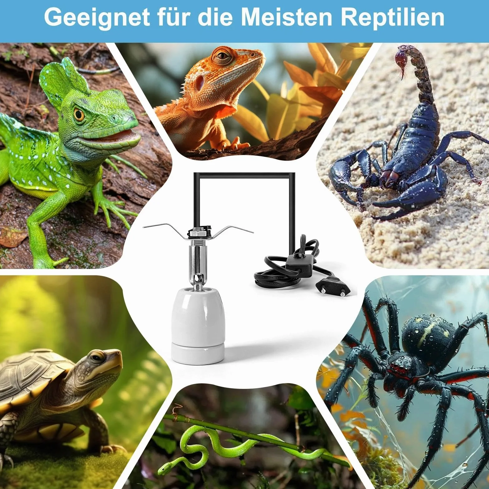 TNSLAND Oprawa lampy grzewczej E27, dla gadów, terrarium, ceramiczna, z przełącznikiem, kablem, obracana o 360°, do akwarium, dla gadów, jaszczurek, światła dziennego, biała