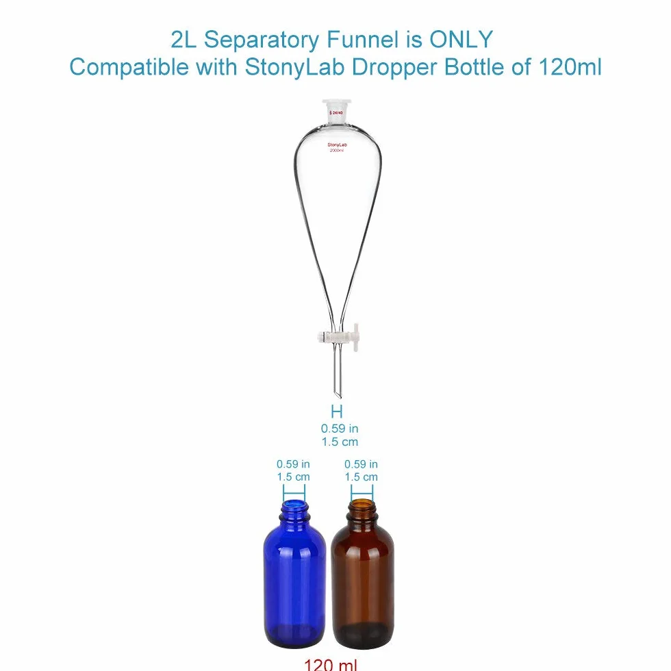 StonyLab Szkło borokrzemowe 2000 ml ciężki lejek separacyjny ze stożkiem 29/32 przegubami i korek PTFE, 2 l (2 litry)