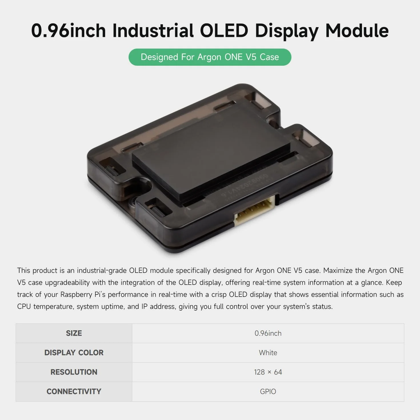 Waveshare 0.96inch Industrial OLED Display Module Designed For Argon ONE V5 Case, 128 × 64 Resolution, Real-Time Display of Raspberry Pi Operating Status