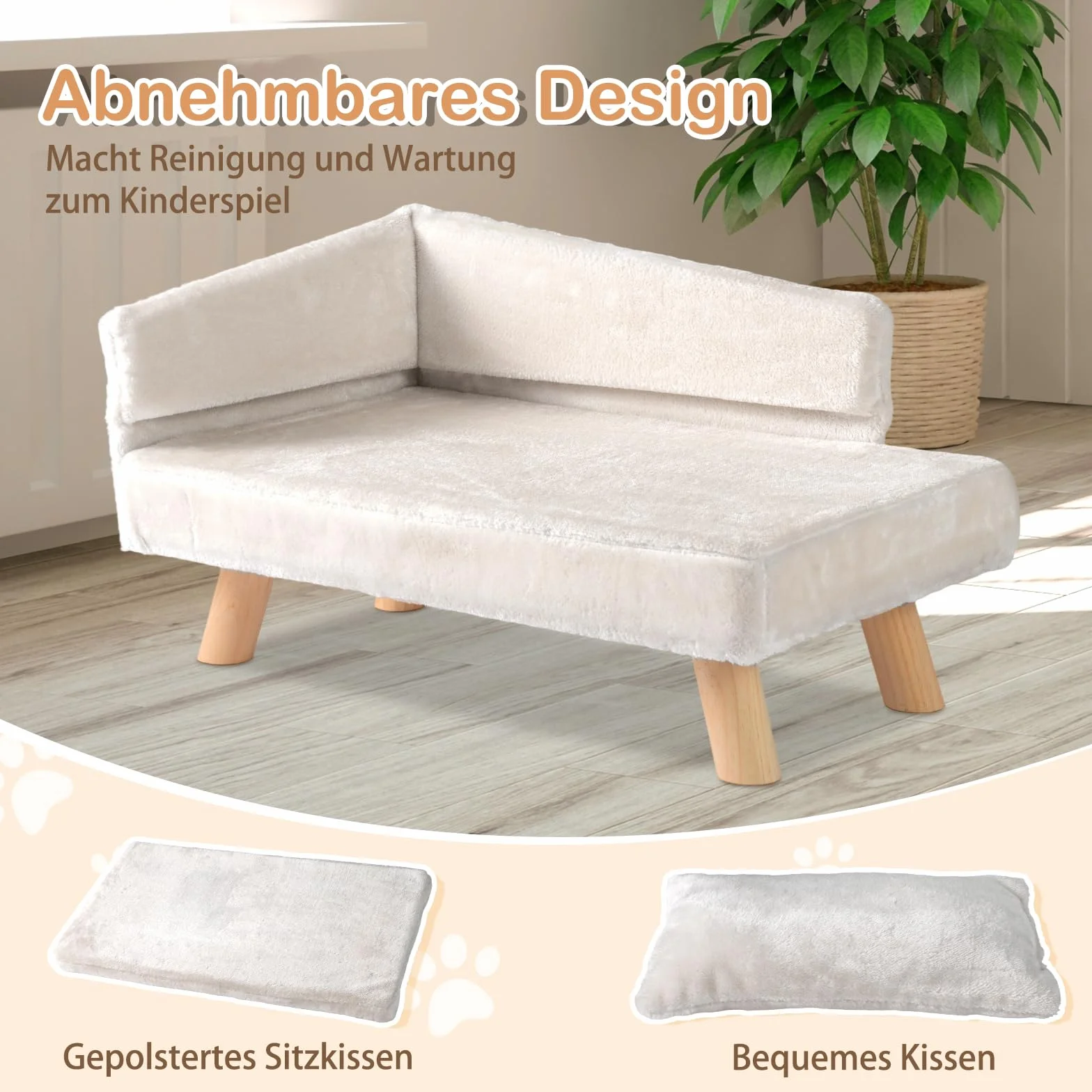 COSTWAY Luksusowa sofa dla kota, podwyższone legowisko dla kota, kanapa z 2 zdejmowanymi poduszkami, oparciem i drewnianymi nogami, miękka, dla średnich i małych kotów, sofa dla psów do wnętrz, biała