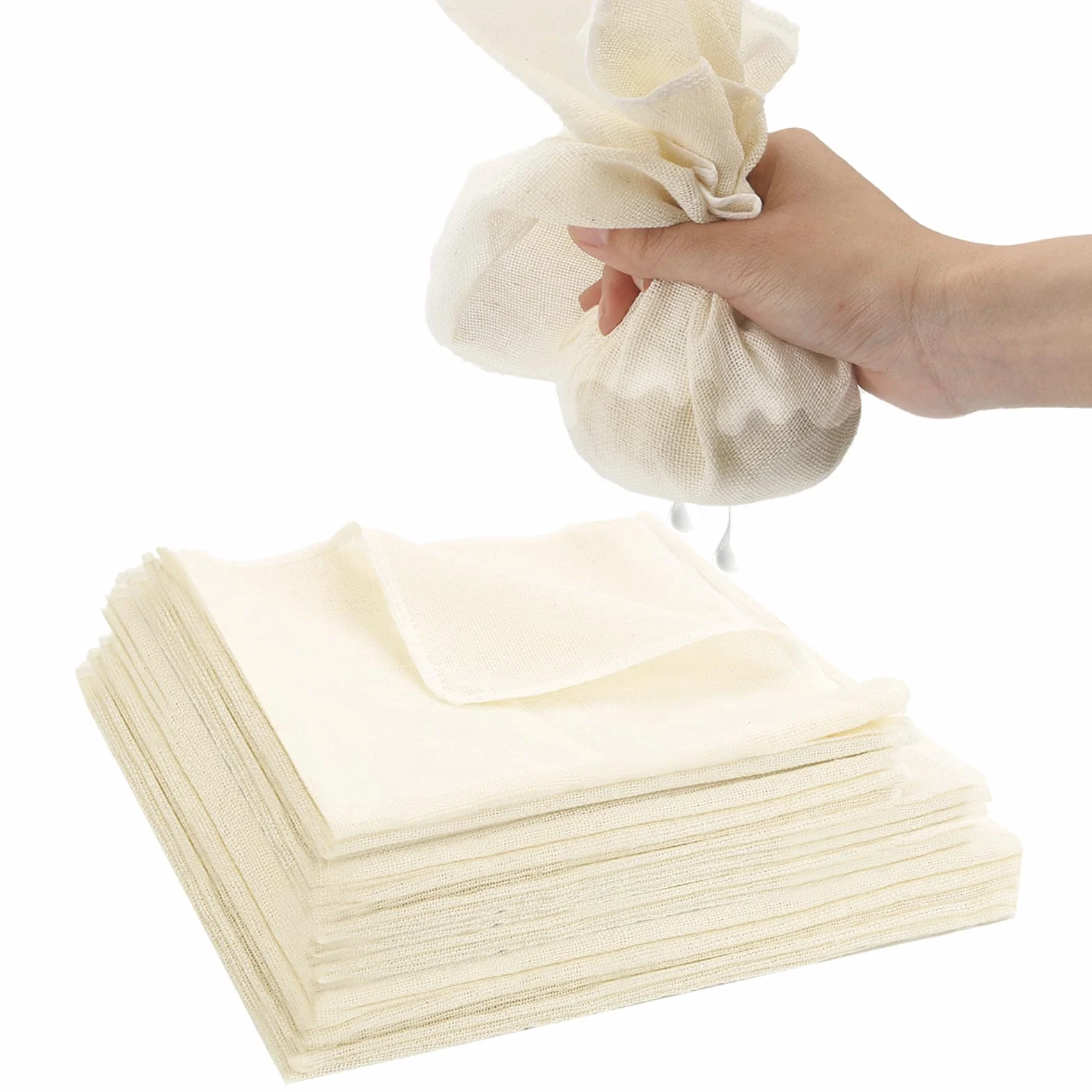 13 ścierek do wielokrotnego użytku, 5 ściereczek do sera 50x50 cm, 3 ściereczki do sera 45x45 cm, 5 niewybielanych ściereczek do odcedzania 40x40 cm, tkanina bawełniana ze zszytymi brzegami