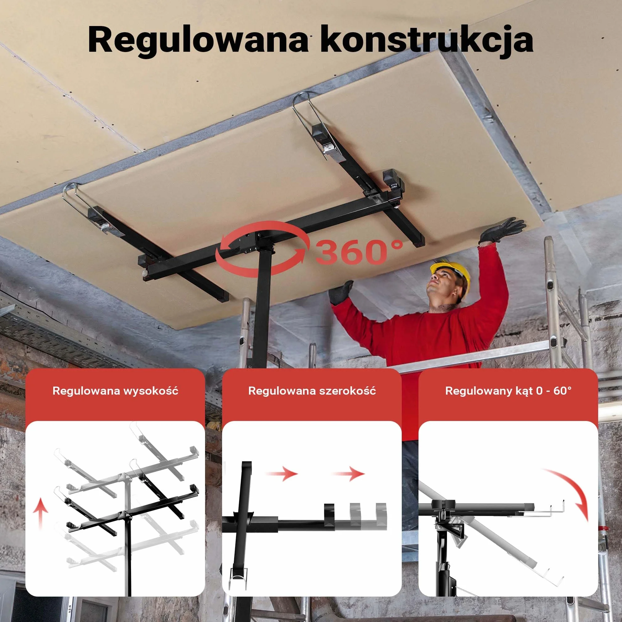 Wiltec Zestaw XXL podnośnik do płyt do maks. 68 kg + 140 cm przedłużenia, wysokość 140-465 cm, maks. szerokość 2,90 m, pomoc w montażu do suchej zabudowy, podnośnik paneli z 3 kółkami, czarny